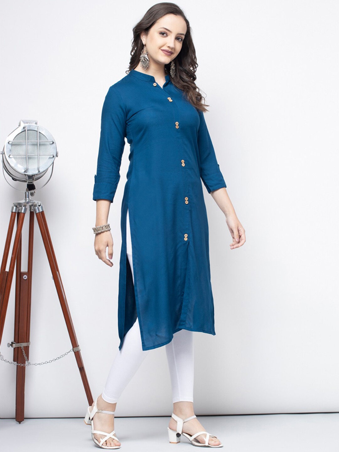 

SHIONS Mandarin Collar Roll-Up Sleeves Pure Cotton Kurta, Blue