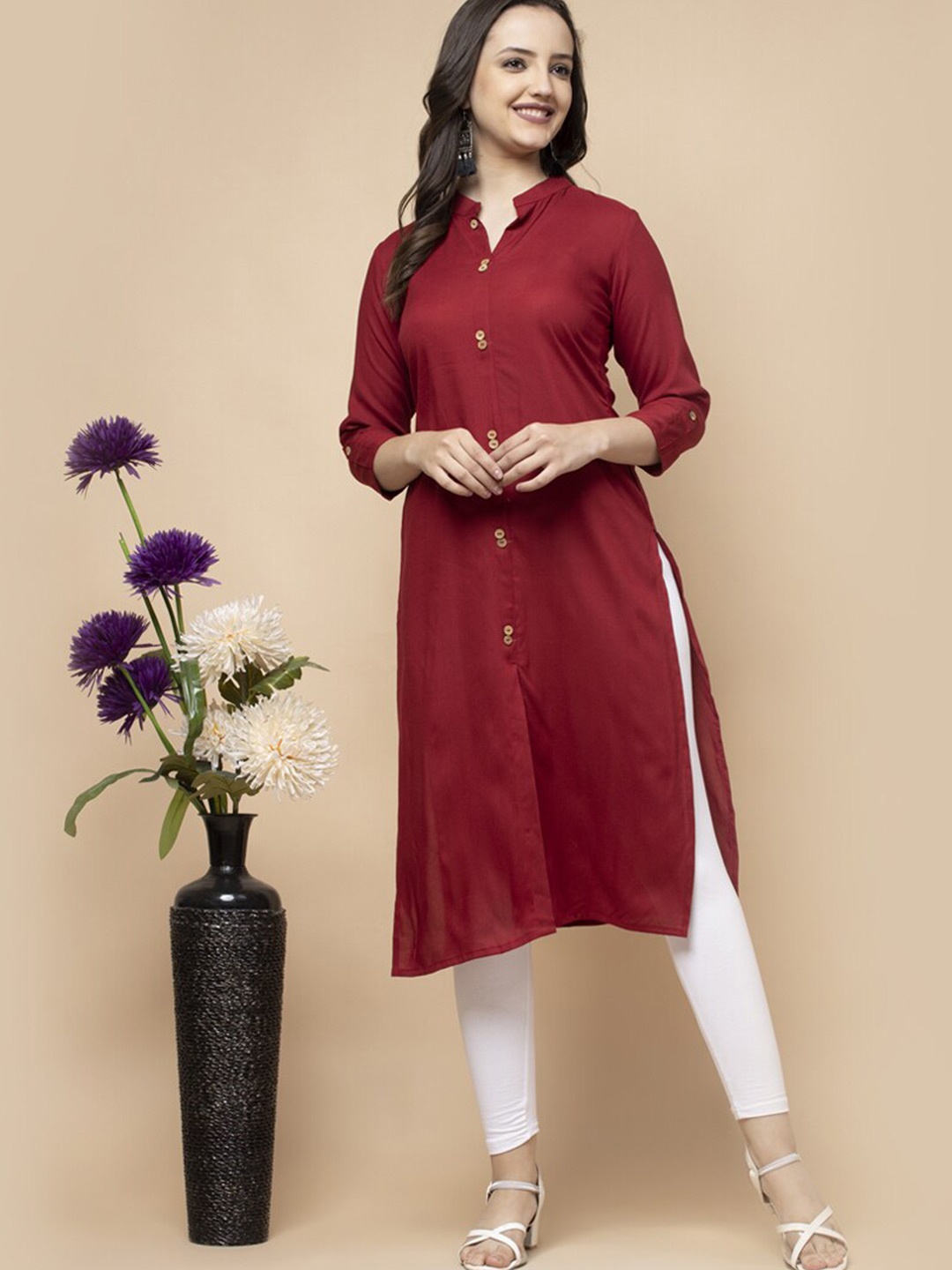 

SHIONS Mandarin Collar Roll-Up Sleeves Pure Cotton A-Line Kurta, Maroon