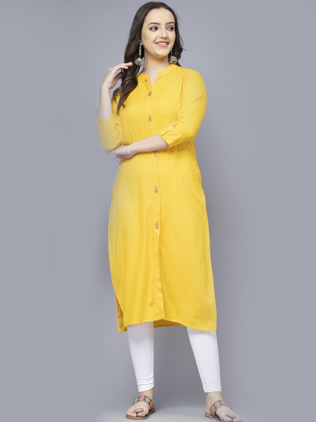 

SHIONS Mandarin Collar Roll-Up Sleeves Cotton Straight Kurta, Yellow