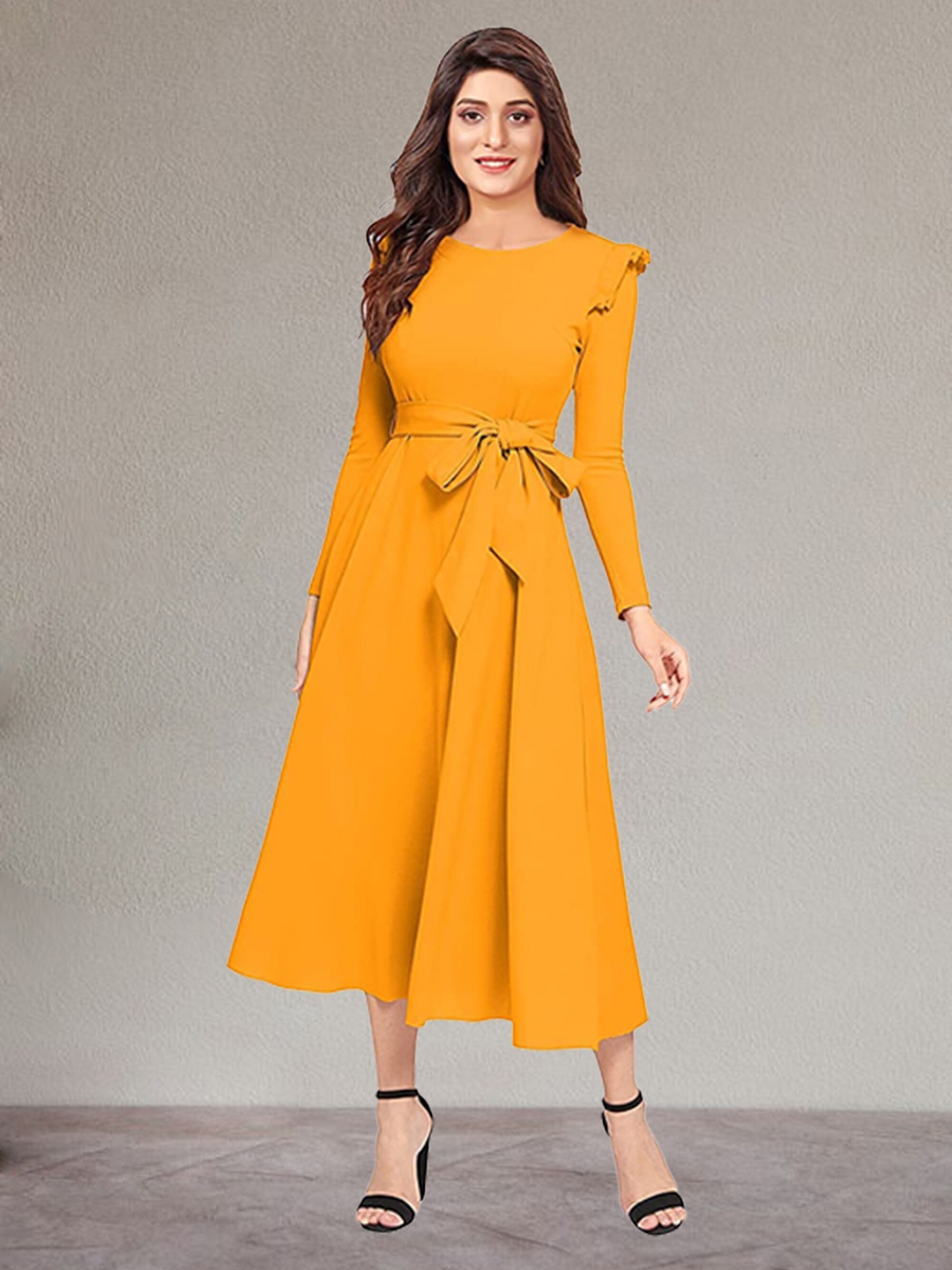 

N N ENTERPRISE Round Neck Fit & Flare Midi Dress, Yellow