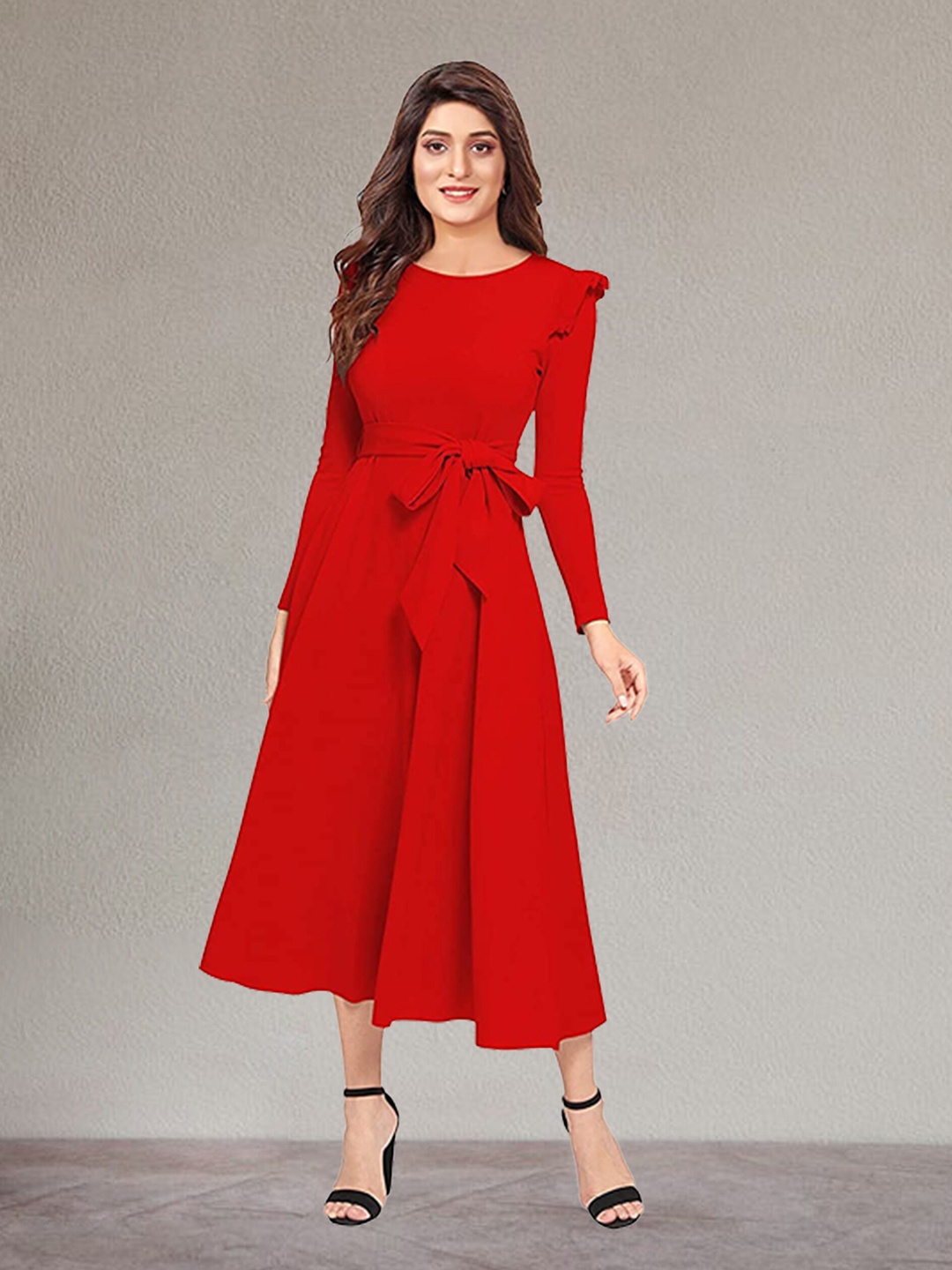 

N N ENTERPRISE Round Neck Fit & Flare Midi Dress, Red