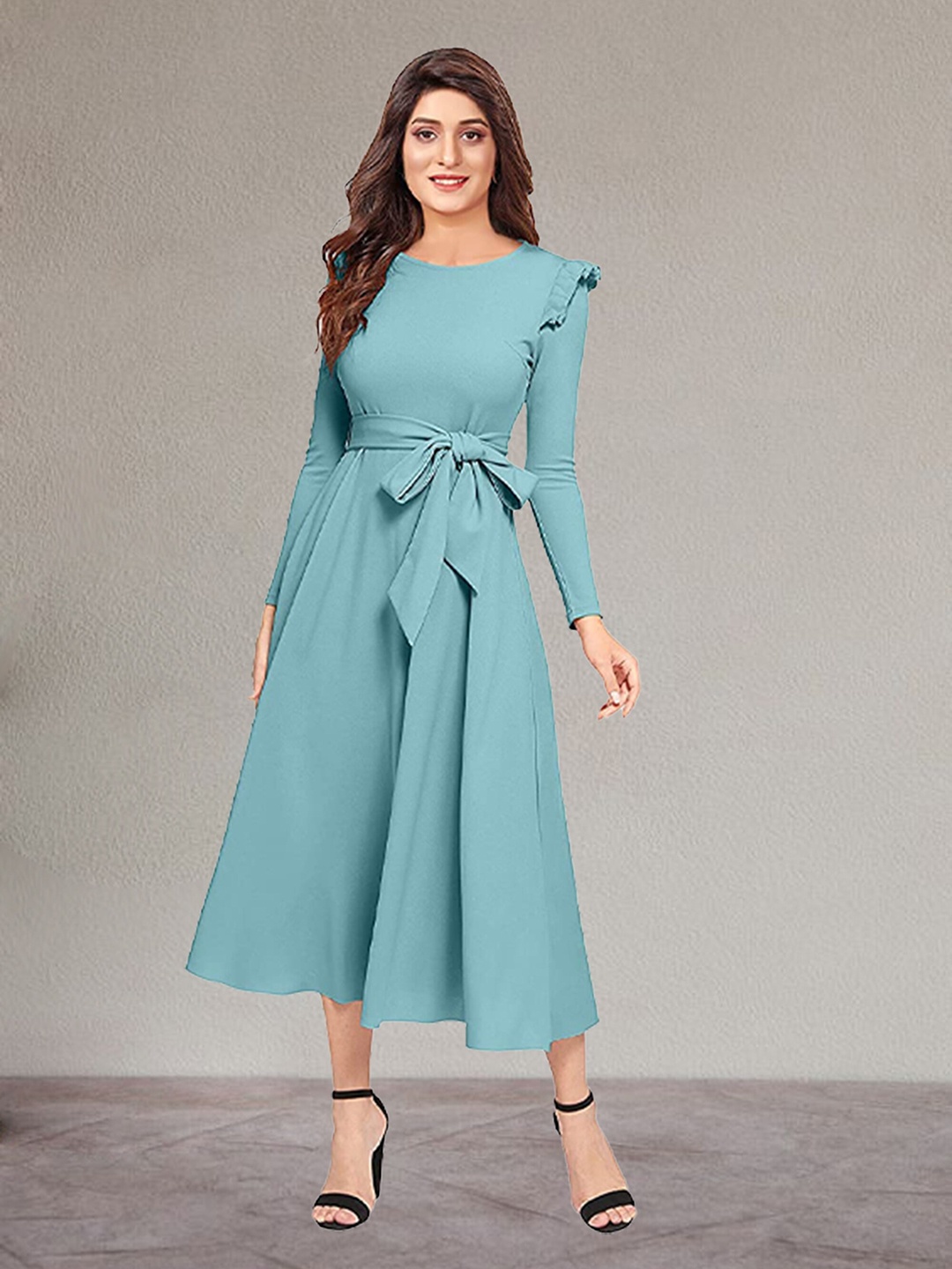 

N N ENTERPRISE Round Neck Fit & Flare Midi Dress, Sea green