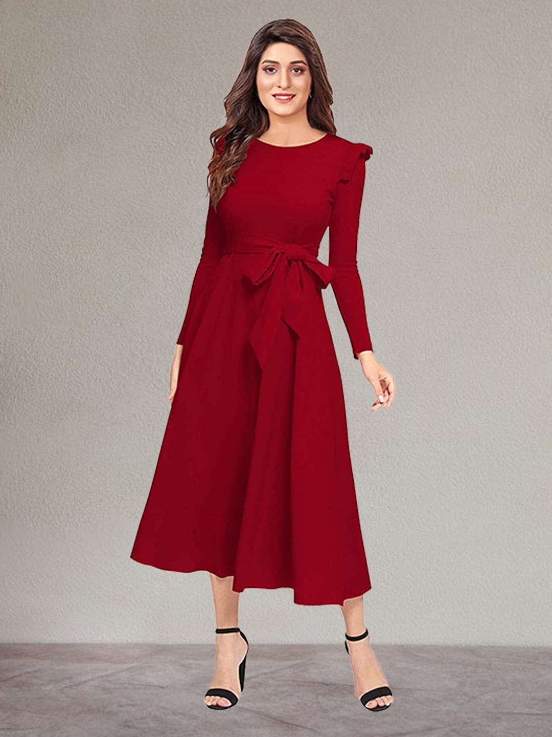 

N N ENTERPRISE Round Neck Fit & Flare Midi Dress, Maroon