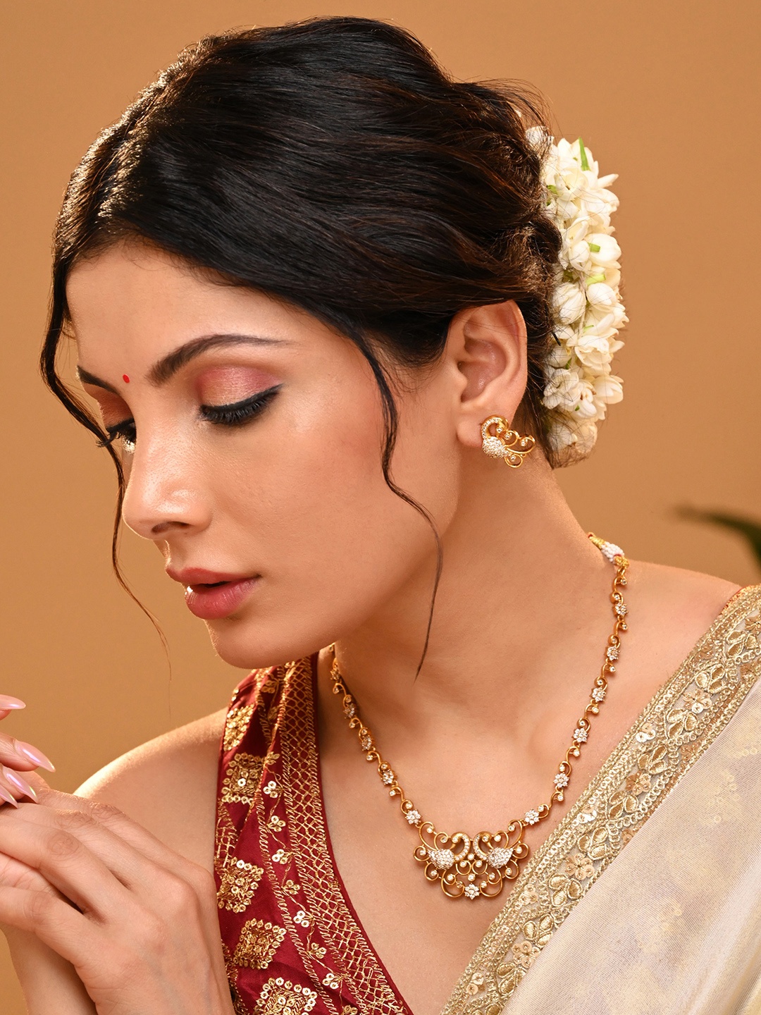 

Vriksham Stone Studded Brass Plated Peacock Shaped Jewellery Set, Gold