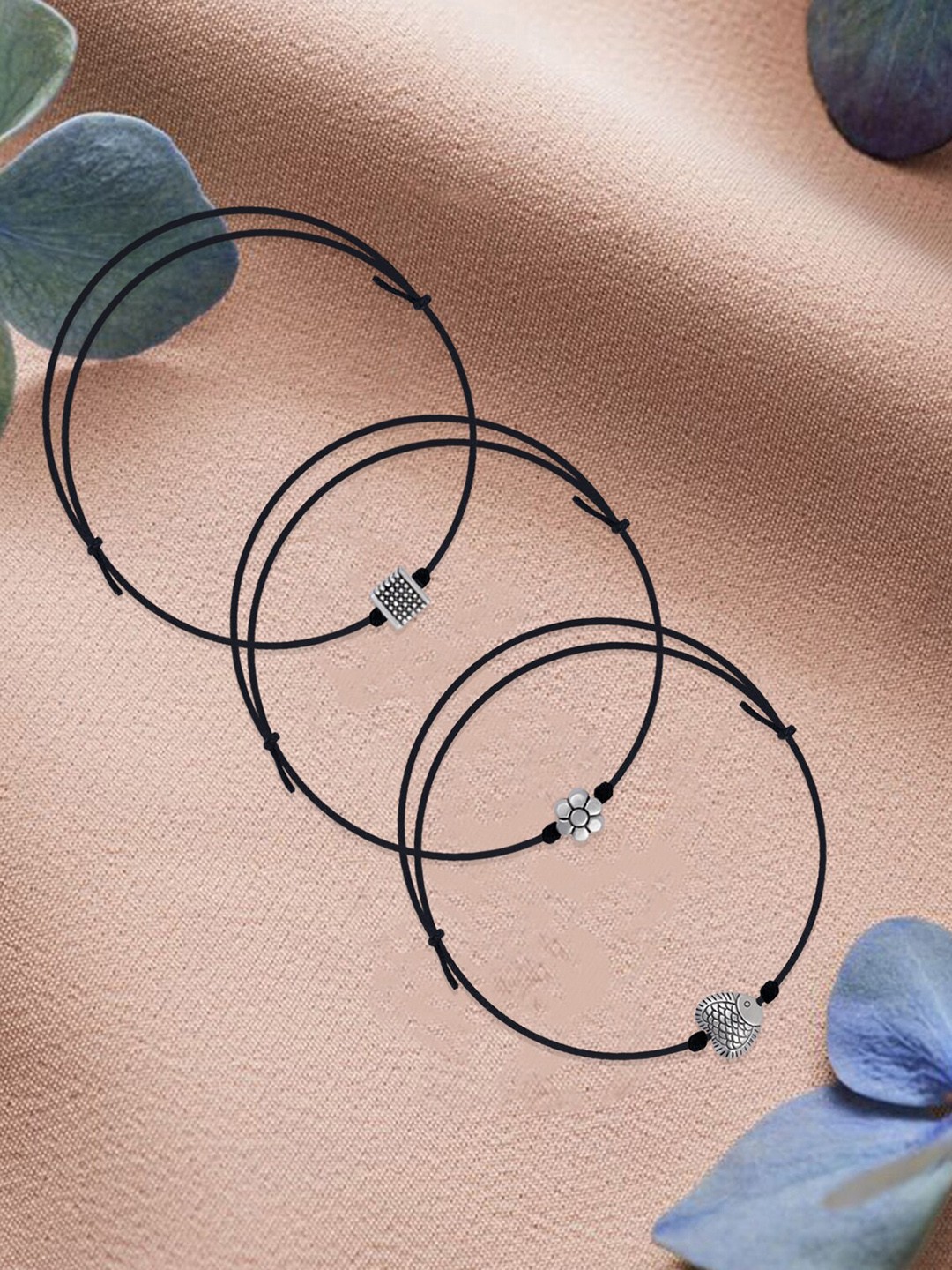 

Silver Shine Set Of 3 Silver-Plated Oxidised Beaded Anklets