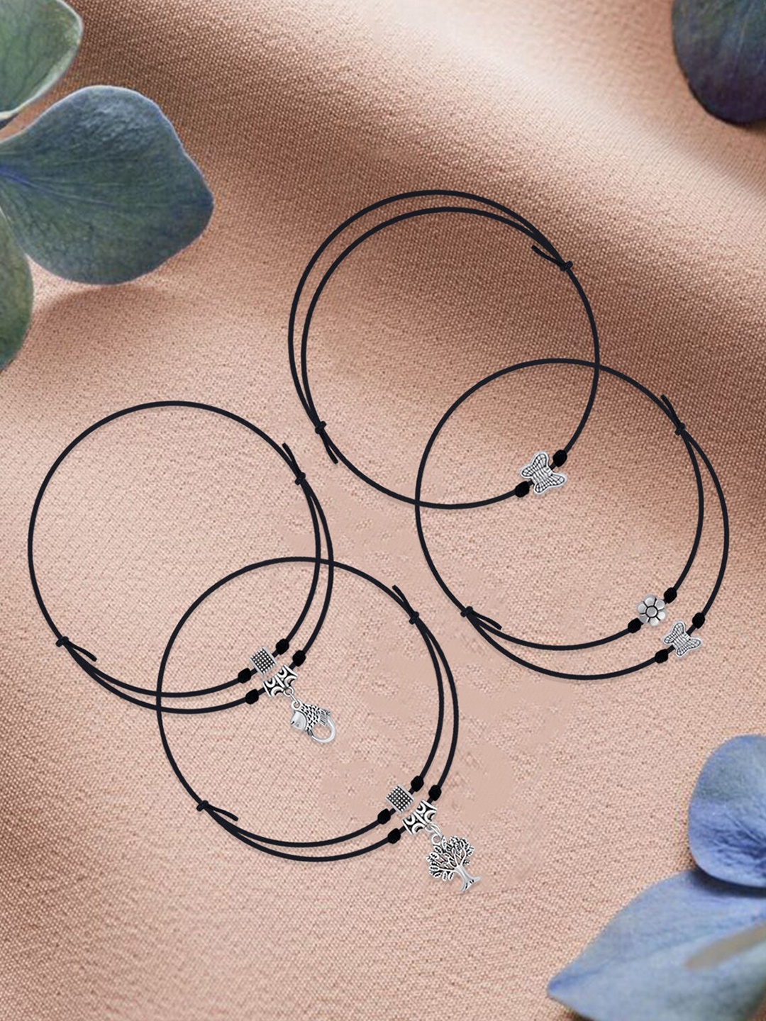 

Silver Shine Set Of 4 Silver-Plated Oxidized Nazariya Anklets