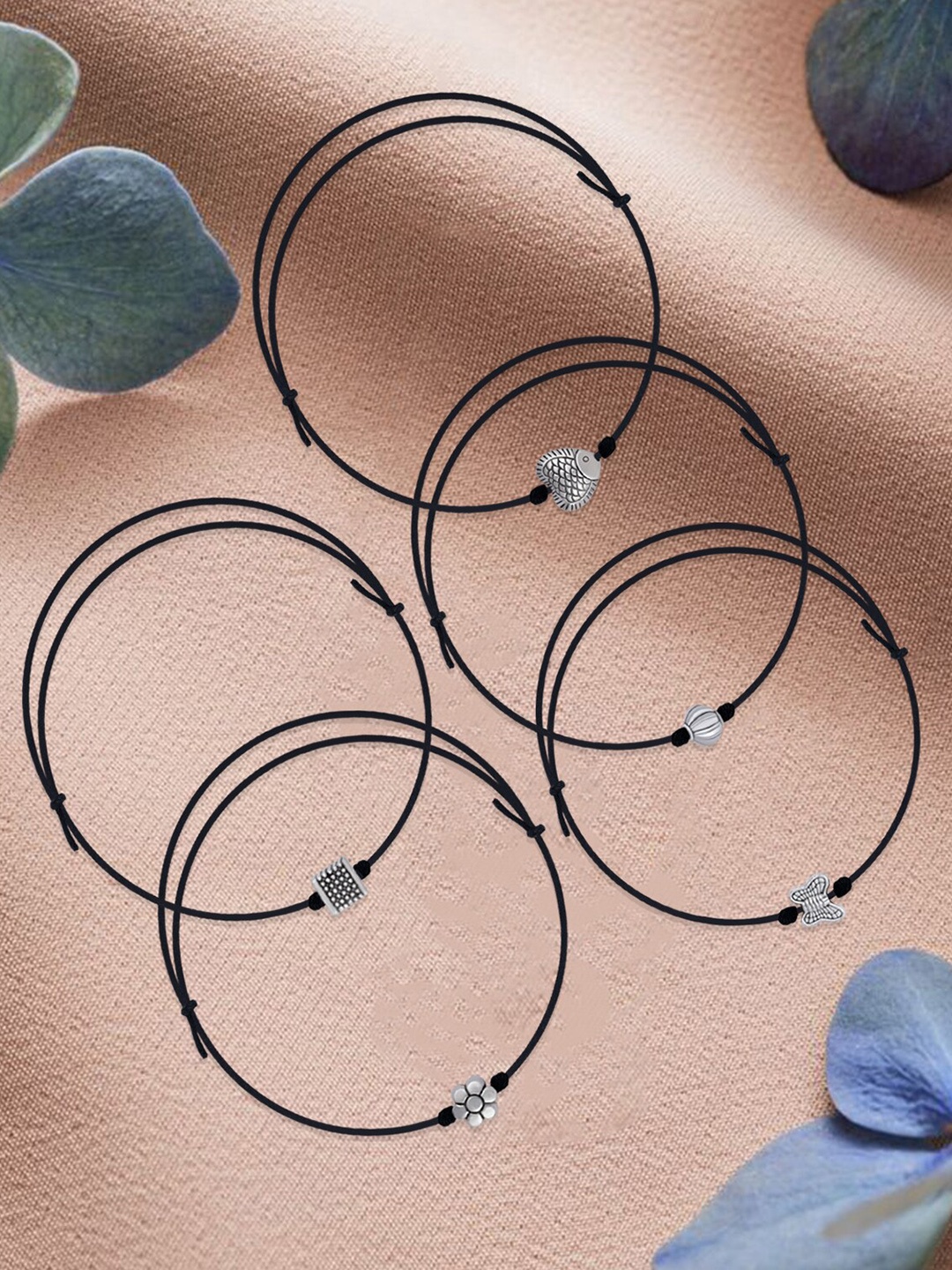 

Silver Shine Set Of 5 Silver-Plated Nazriya Cotton Dori Oxdised Anklets