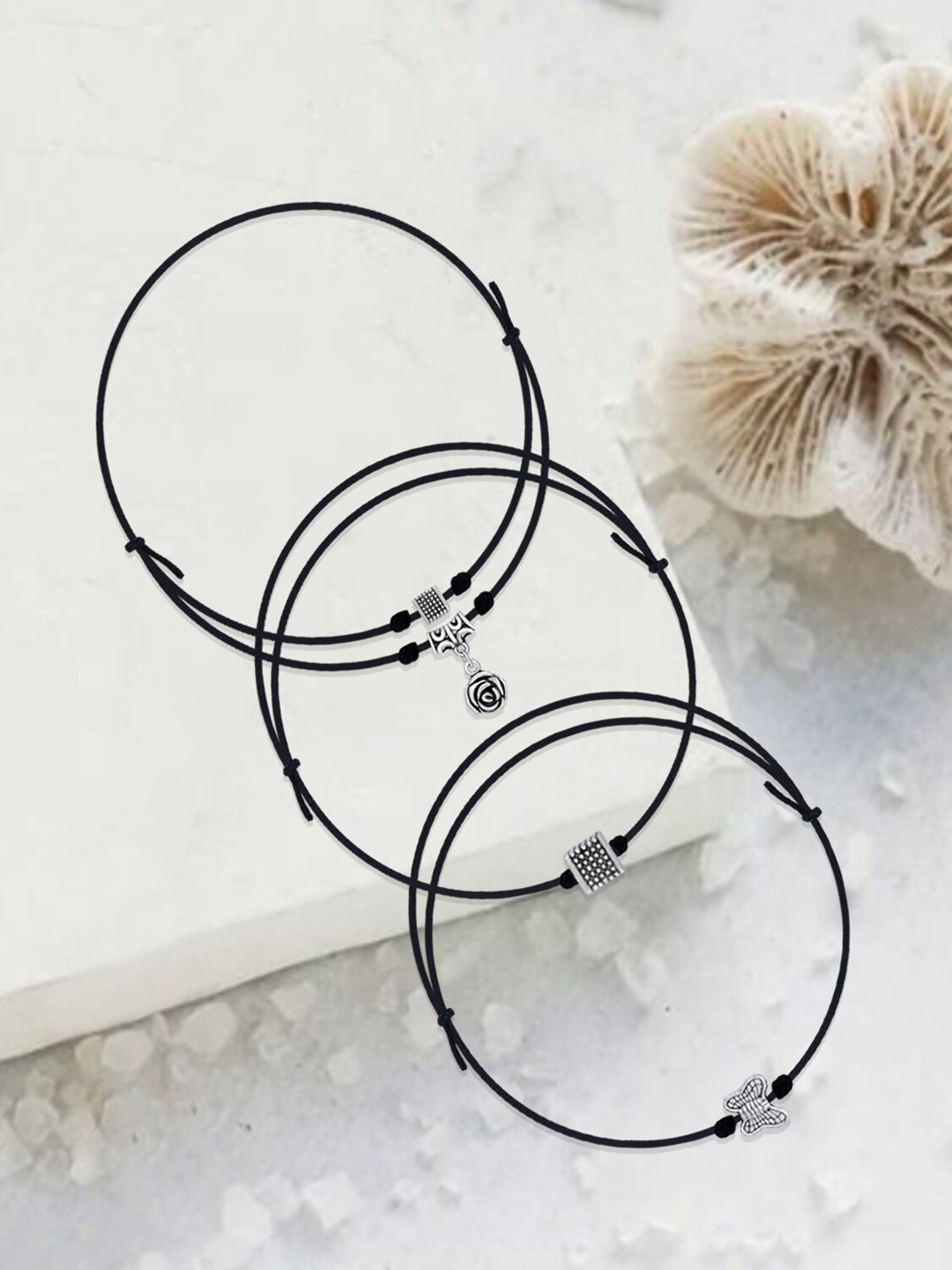 

Silver Shine Set Of 3 Silver-Plated Oxdised Beaded Nazriya Cotton Dori Anklets