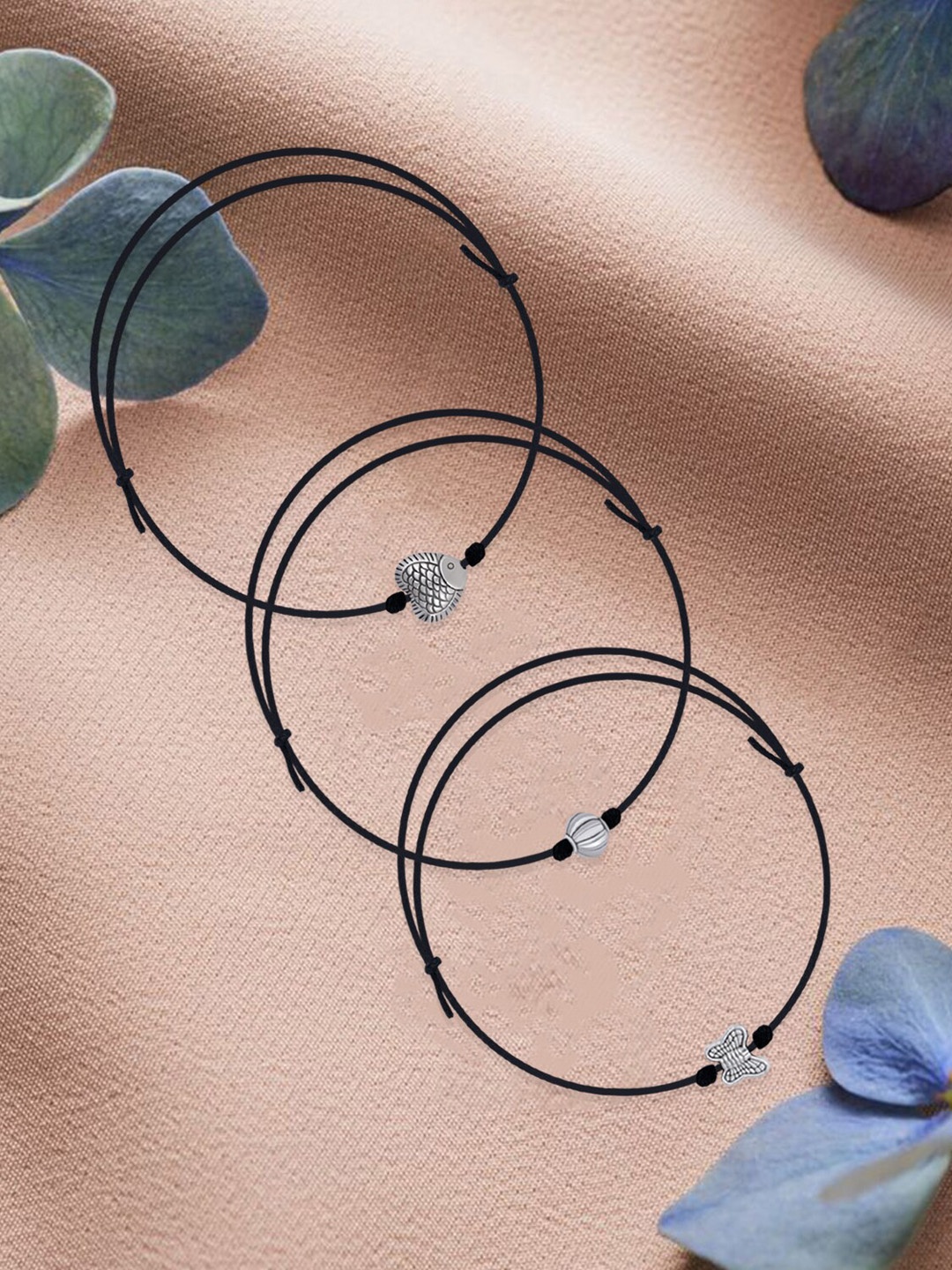 

Silver Shine Set Of 3 Silver-Plated Nazriya Cotton Dori Anklets