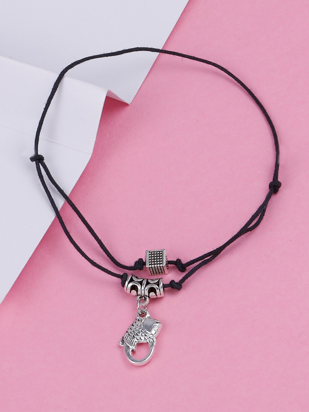 

Silver Shine Set Of 2 Silver-Plated Nazriya Oxdised Cotton Dori Anklets