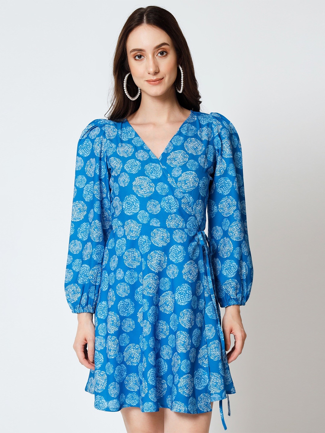 

Shopping Queen Abstract Printed V-Neck Puff Sleeves Wrap Dress, Blue