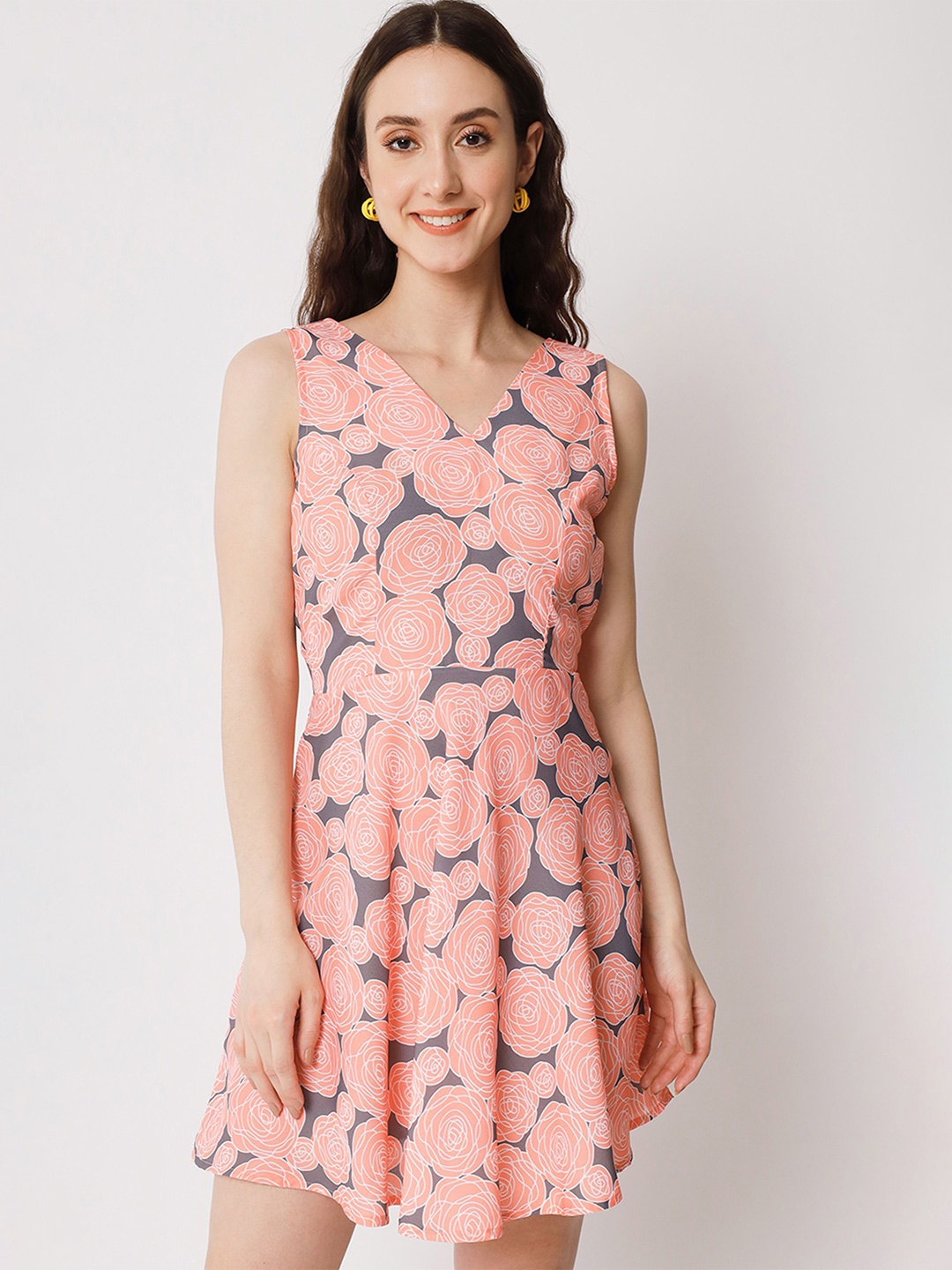 

Shopping Queen Floral Printed V-Neck Fit & Flare Dress, Orange