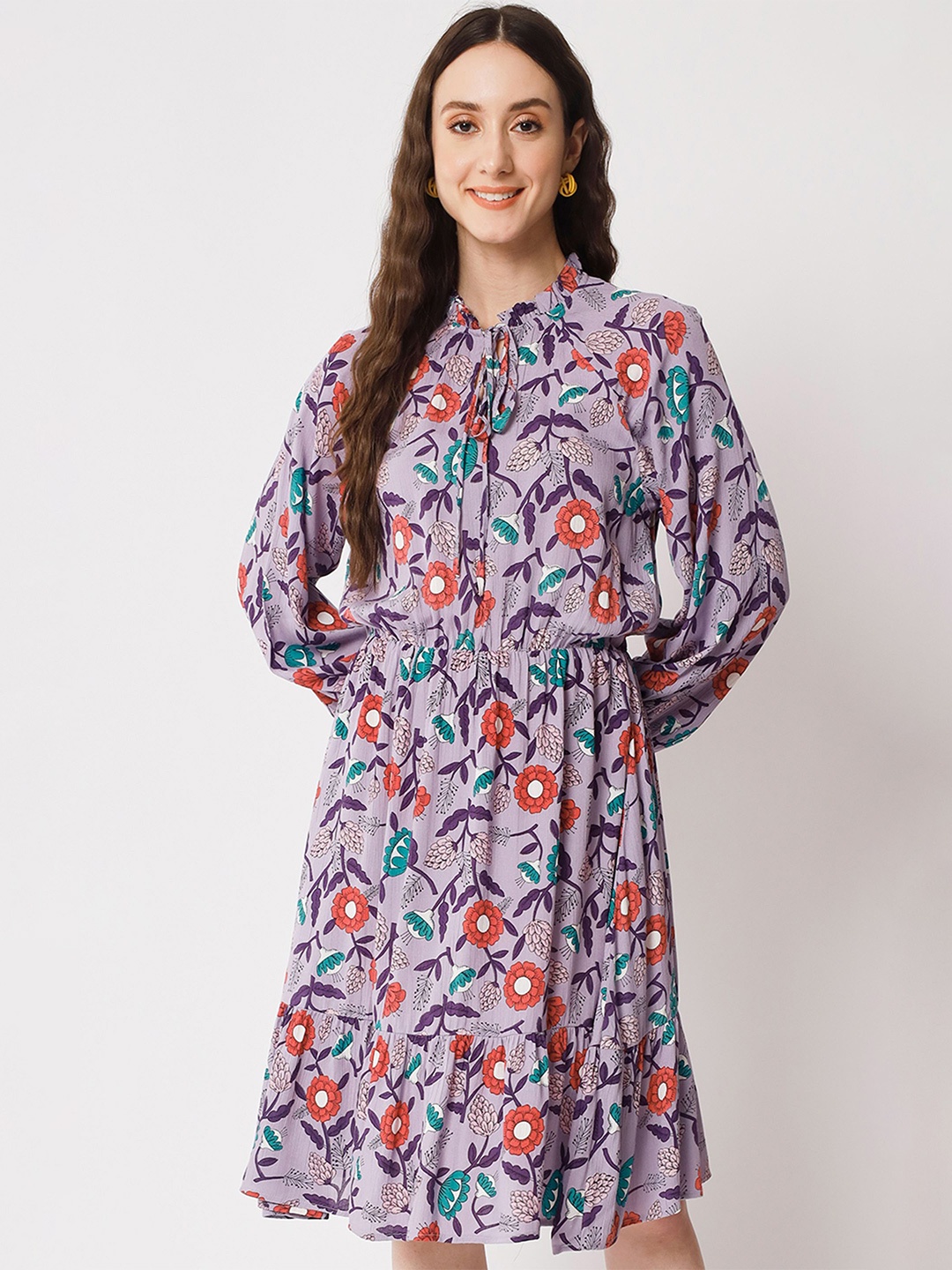 

Shopping Queen Floral Printed Tie-Up Neck Puff Sleeves Fit & Flare Dress, Purple