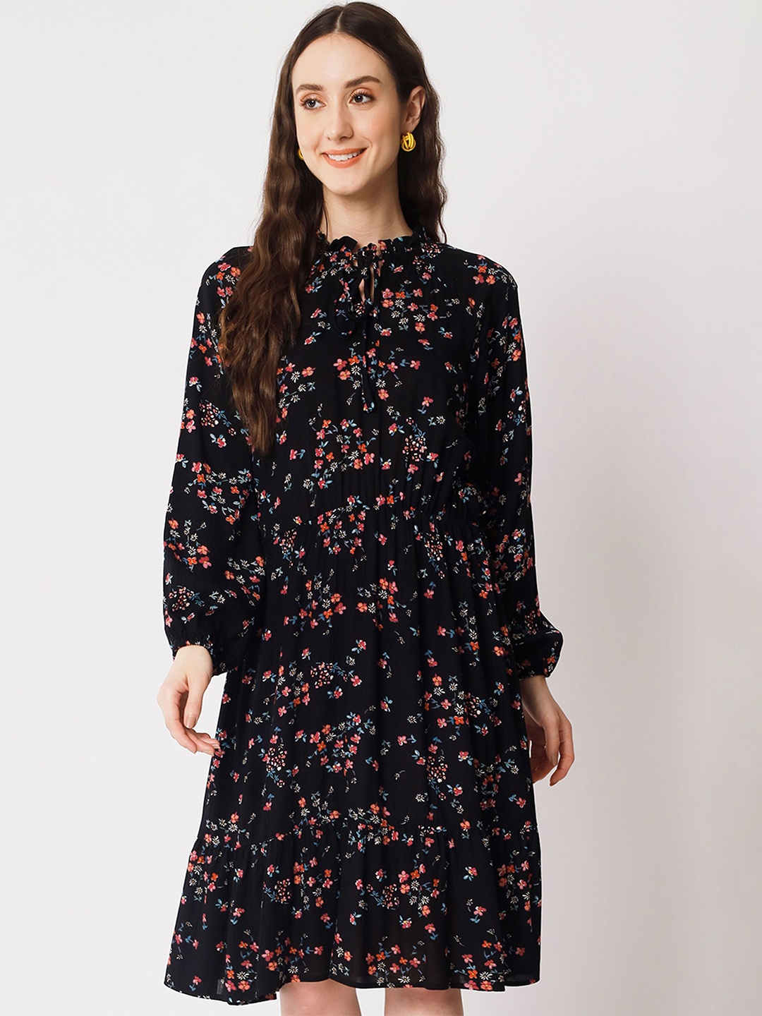 

Shopping Queen Floral Printed Tie-Up Neck Puff Sleeves Fit & Flare Dress, Black