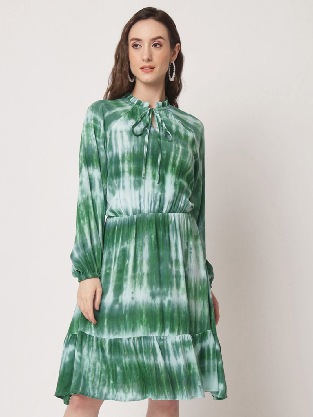 

Shopping Queen Tie & Dye Tie-Up Neck Puff Sleeves Fit & Flare Dress, Green