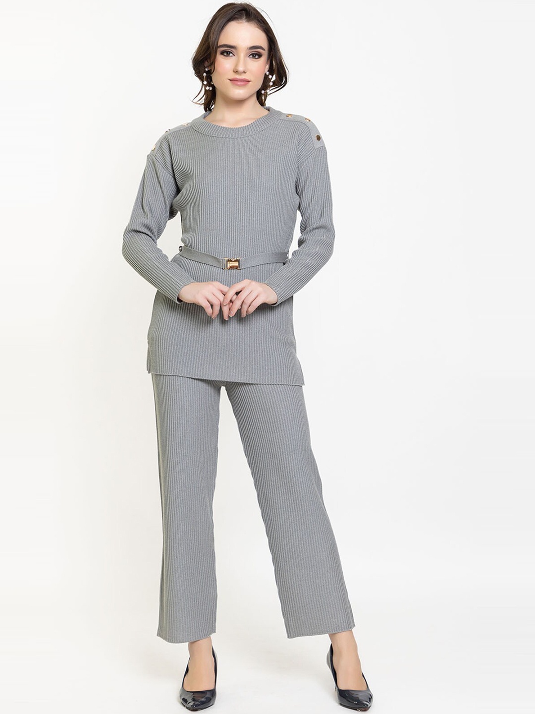 Elthia Ribbed Woollen Top With Trouser & Belt, Grey