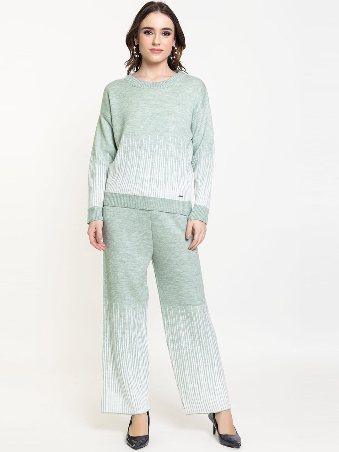 

Elthia Printed & Ribbed Woolen T-shirt with Trousers, Sea green