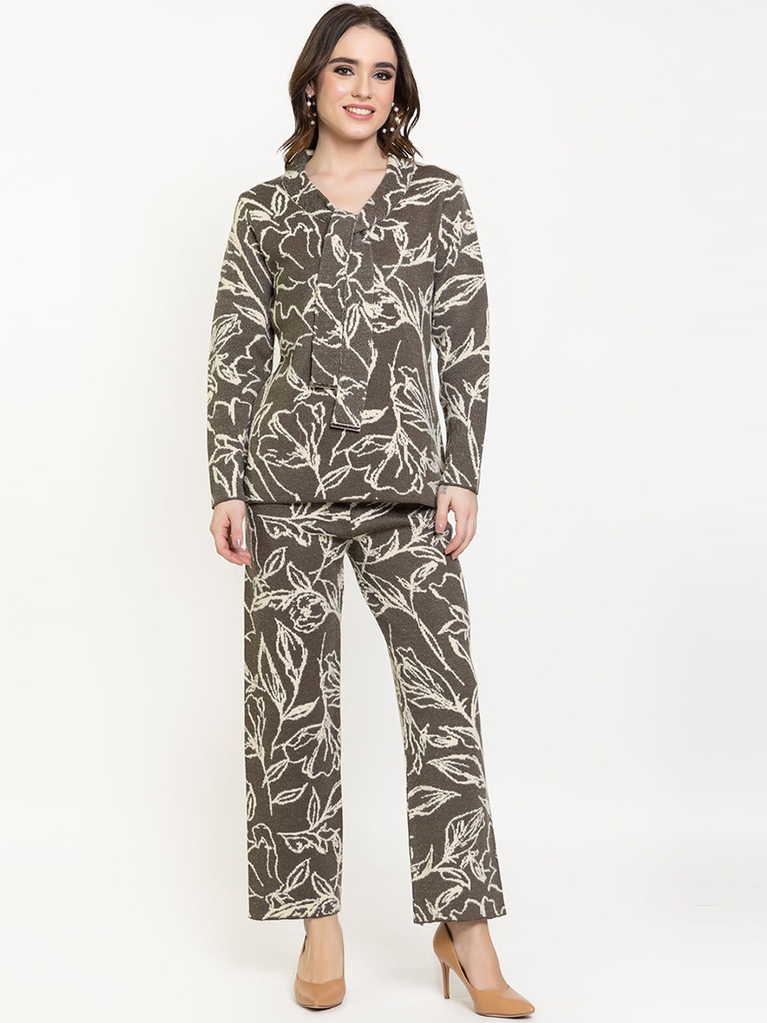 

Elthia Floral Printed Pure Wool Top & Palazzo, Olive