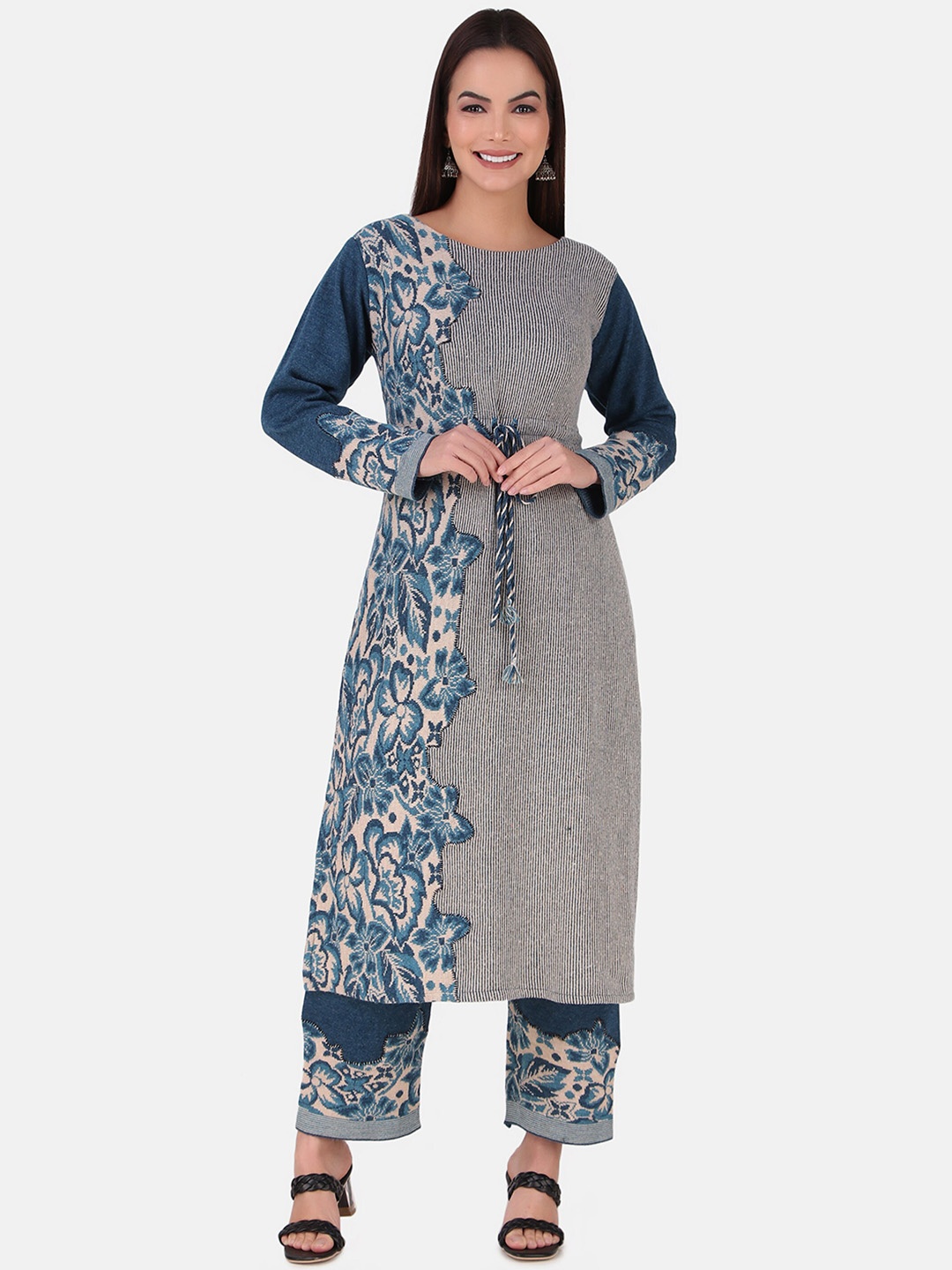 

Elthia Woven Design Round Neck Straight Kurta & Trousers, Blue