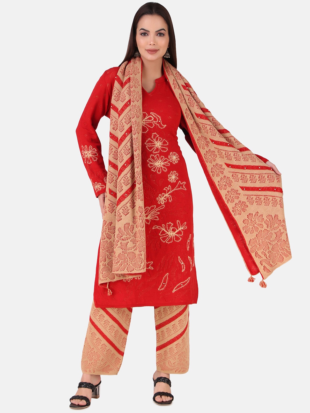 

Elthia Round Neck Floral Embroidered Thread Work Regular Kurta & Trousers With Dupatta, Red