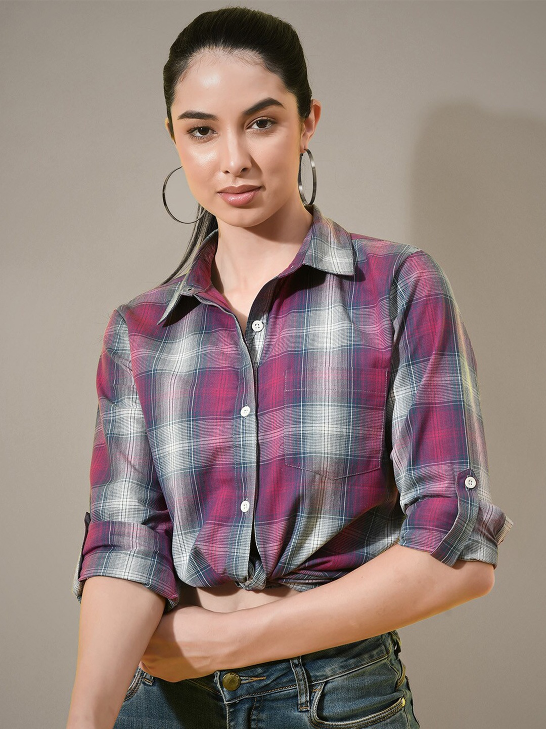 

CHARMGAL Women Classic Tartan Checked Cotton Casual Shirt, Pink