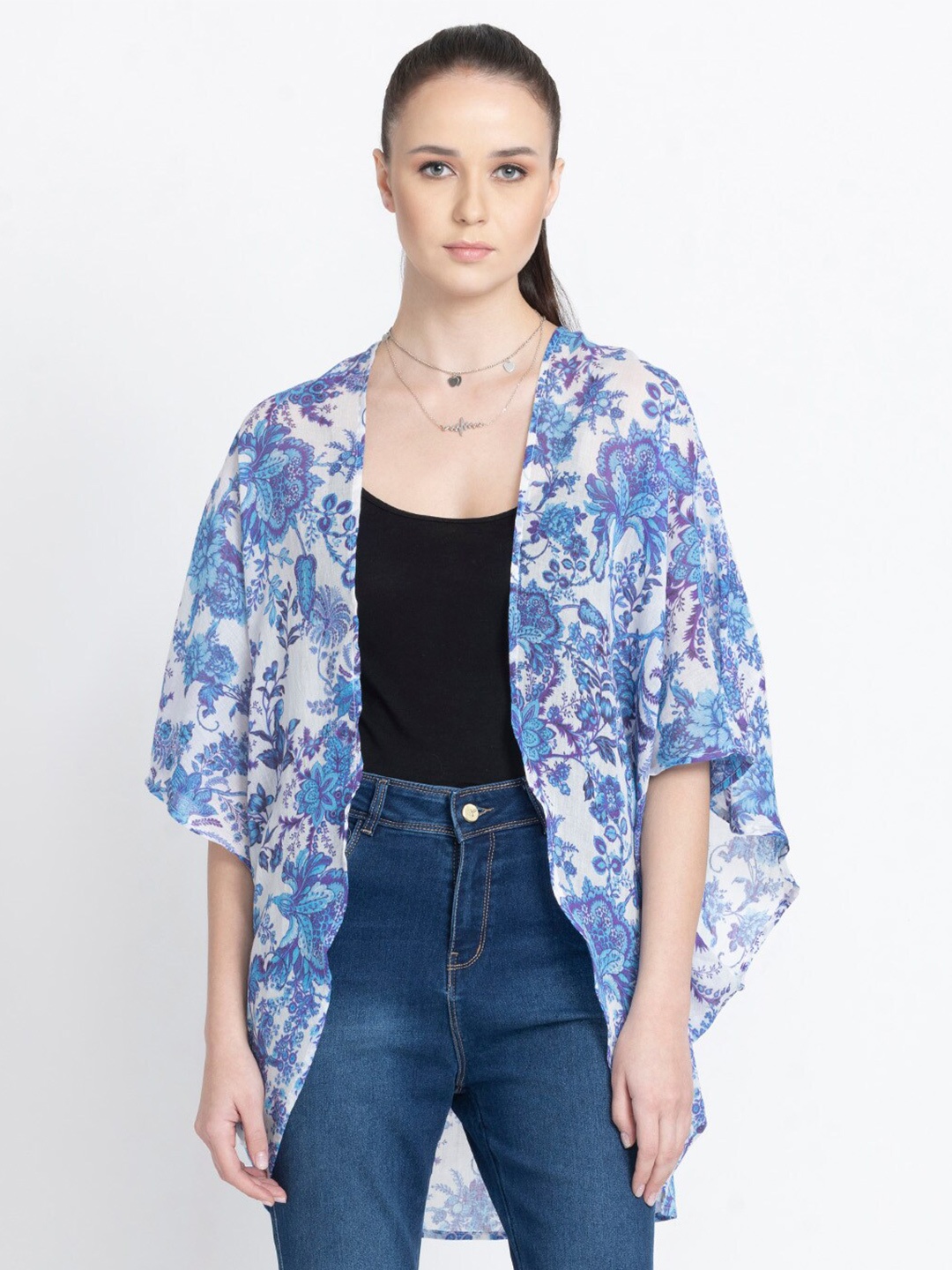 

SHAYE Floral Printed Cotton Shrug, White