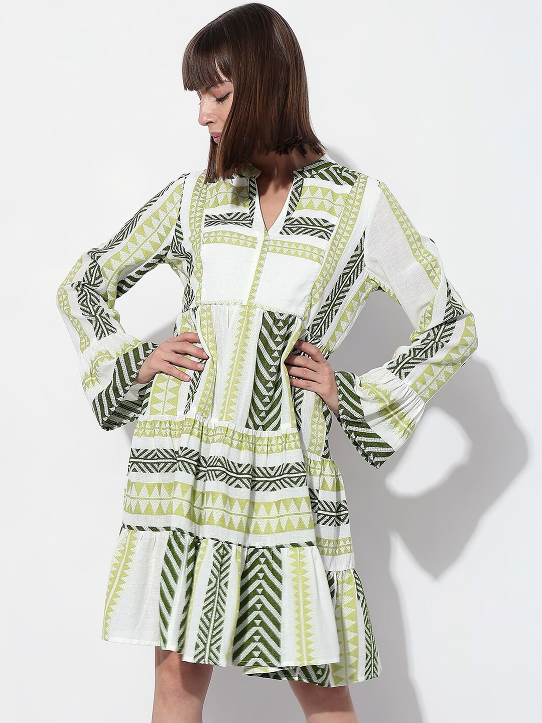 

Vero Moda Geometric Printed Mandarin Collar Cotton Fit & Flare Dress, Green