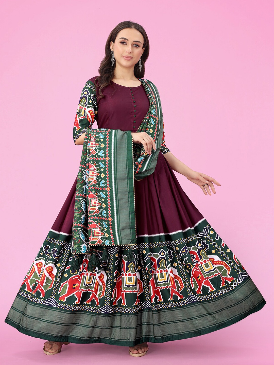 

N N ENTERPRISE Printed Pleated Gown Ethnic Dress with Dupatta, Purple