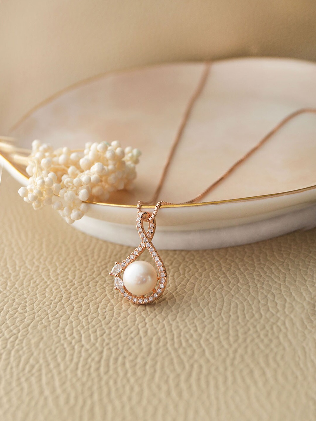 

MANNASH 18KT Rose Gold-Plated Pearl & Cubic Zirconia Studded Pendant With Chain
