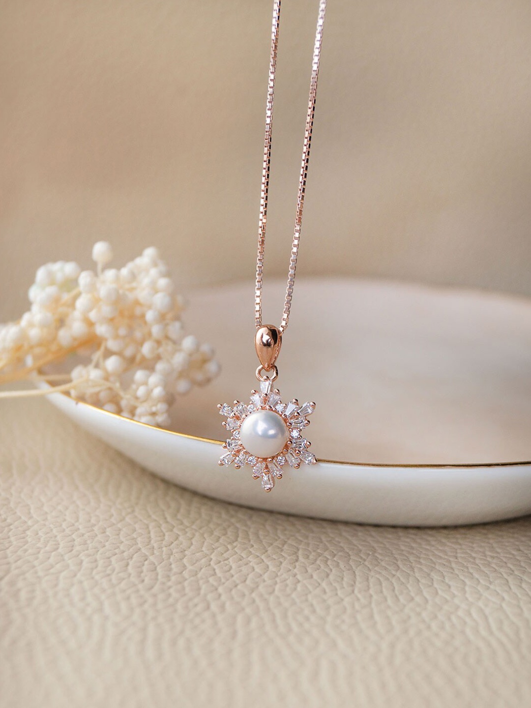 

MANNASH Rose Gold-Plated Stone-Studded & Pearl Beaded Sterling Silver Pendant With Chain