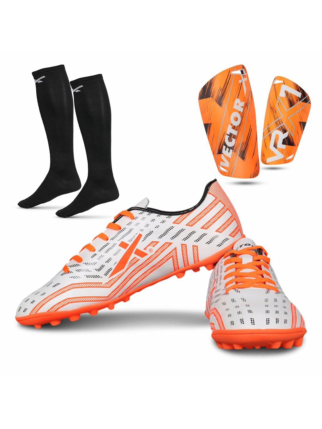 

VECTOR X Unisex Printed Football Shoes With Shin Guards & Stockings, White