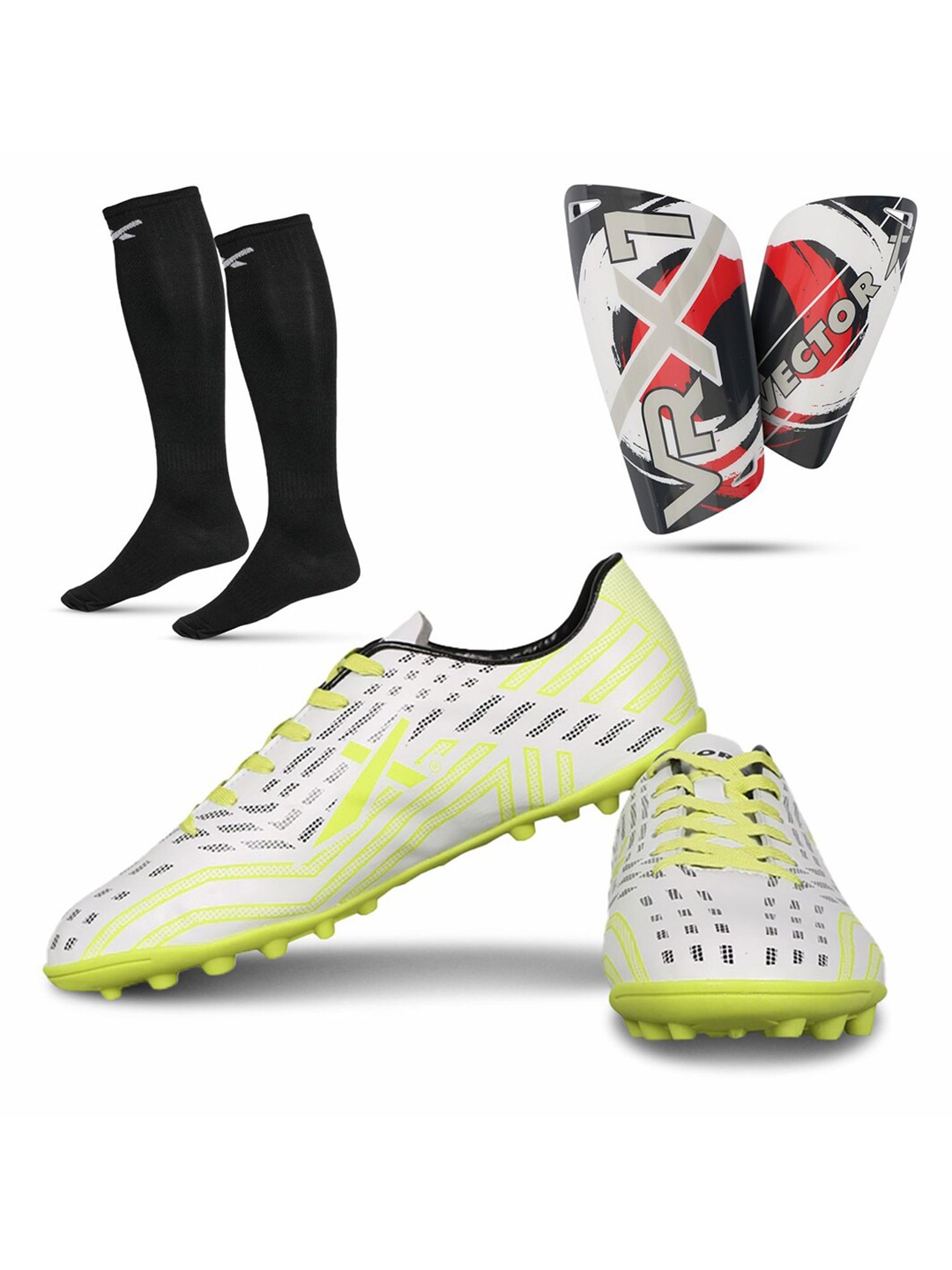 

VECTOR X Unisex Printed Football Shoes With Shin Guards & Stockings, Lime green