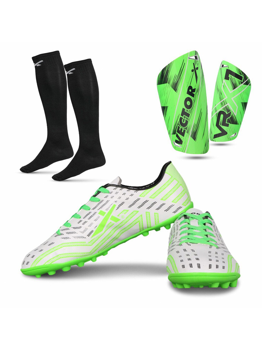 

VECTOR X Unisex Printed Football Shoes With Shin Guards & Stockings, White