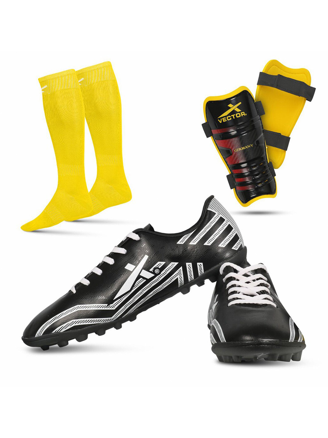 

VECTOR X Unisex Printed Football Shoes With Shin Guards & Stockings, Black