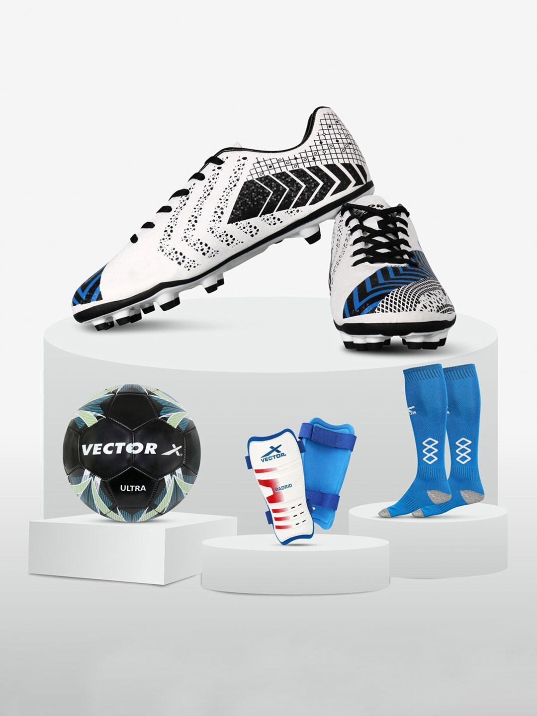 

VECTOR X Unisex Printed Football Shoes With Shin Guards Stockings & Foot Ball, White