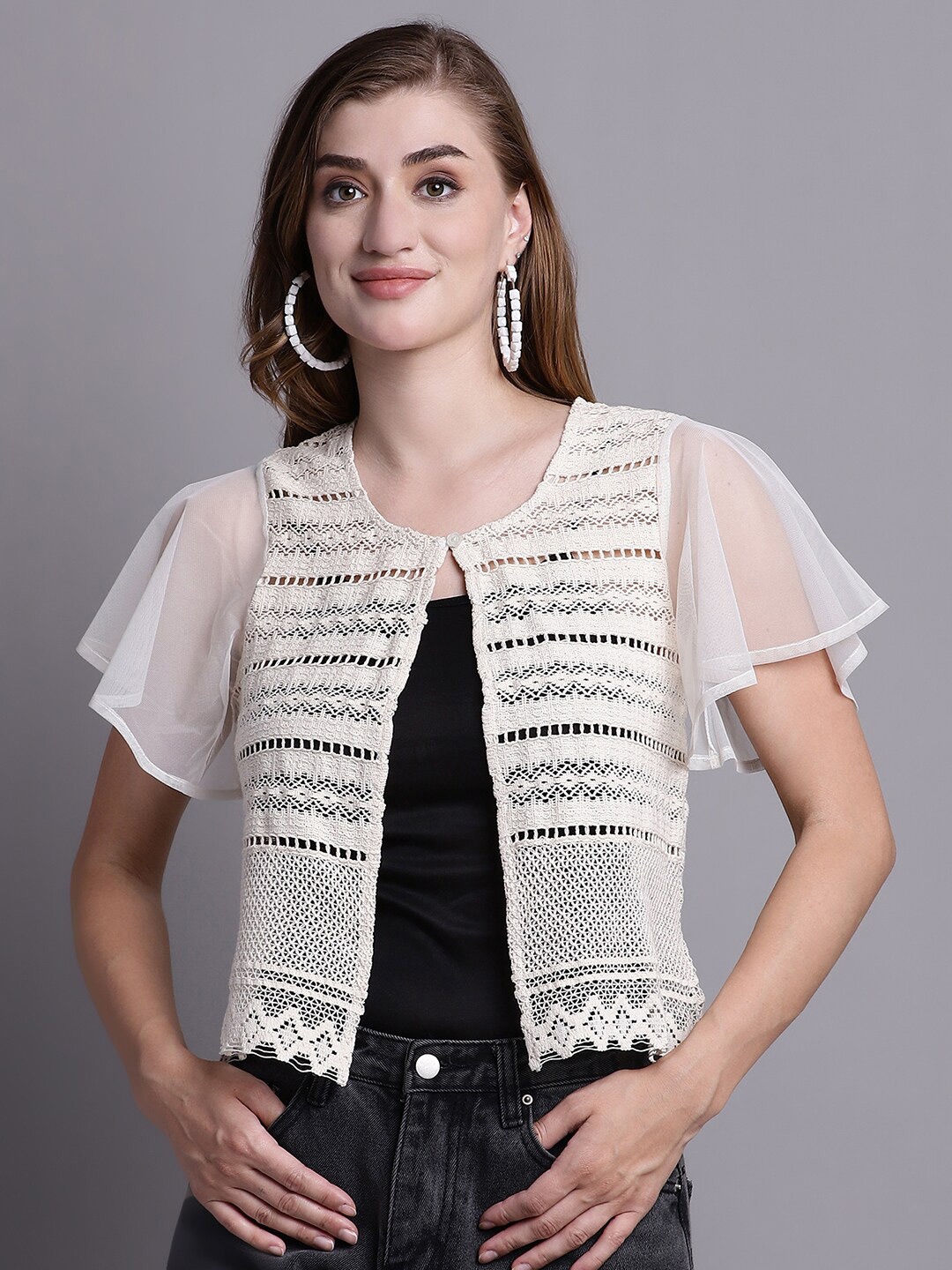 

Rute Ethnic Semi Sheer Button Shrug, White