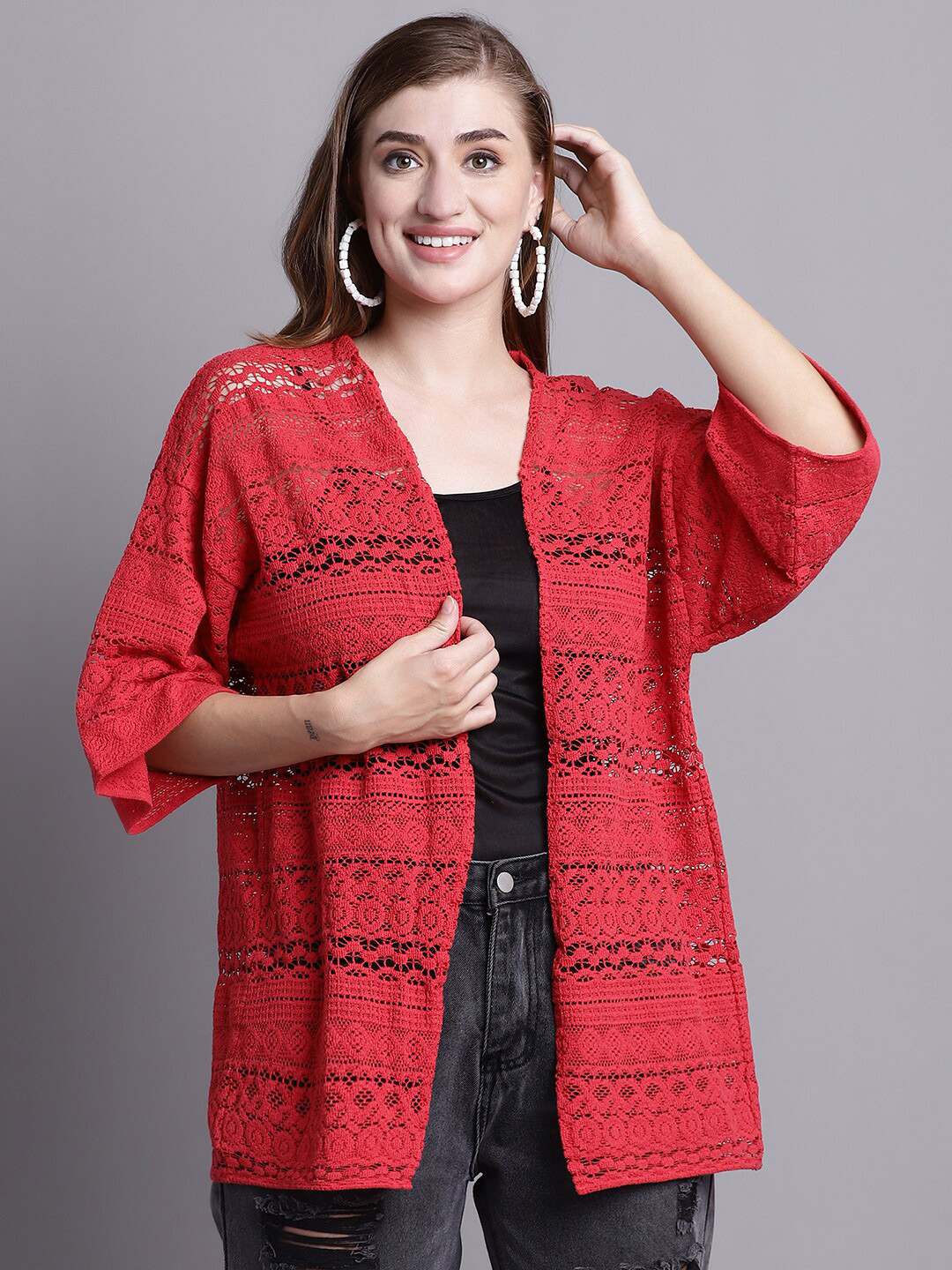 

Rute Self Design Cotton Open Front Shrug, Red