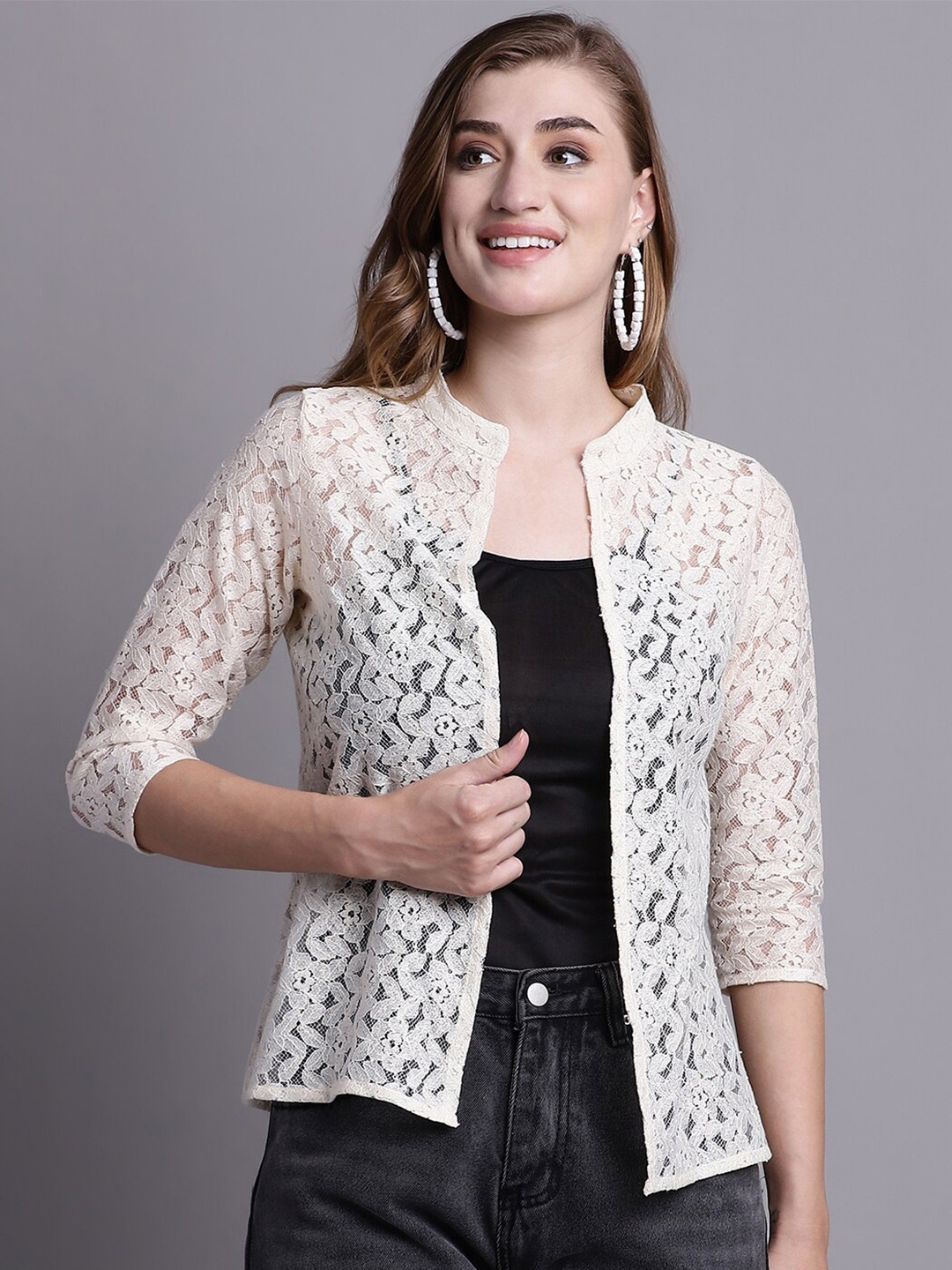 

Rute Self Design Mandarin Collar Cotton Open Front Shrug, White