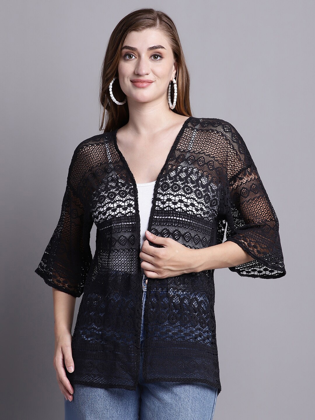 

Rute Self Design Cotton Open Front Shrug, Black
