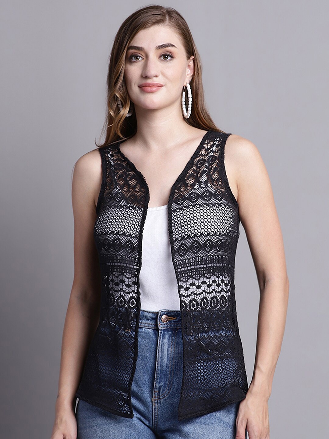 

Rute Self Design Sleeveless Cotton Open Front Shrug, Black