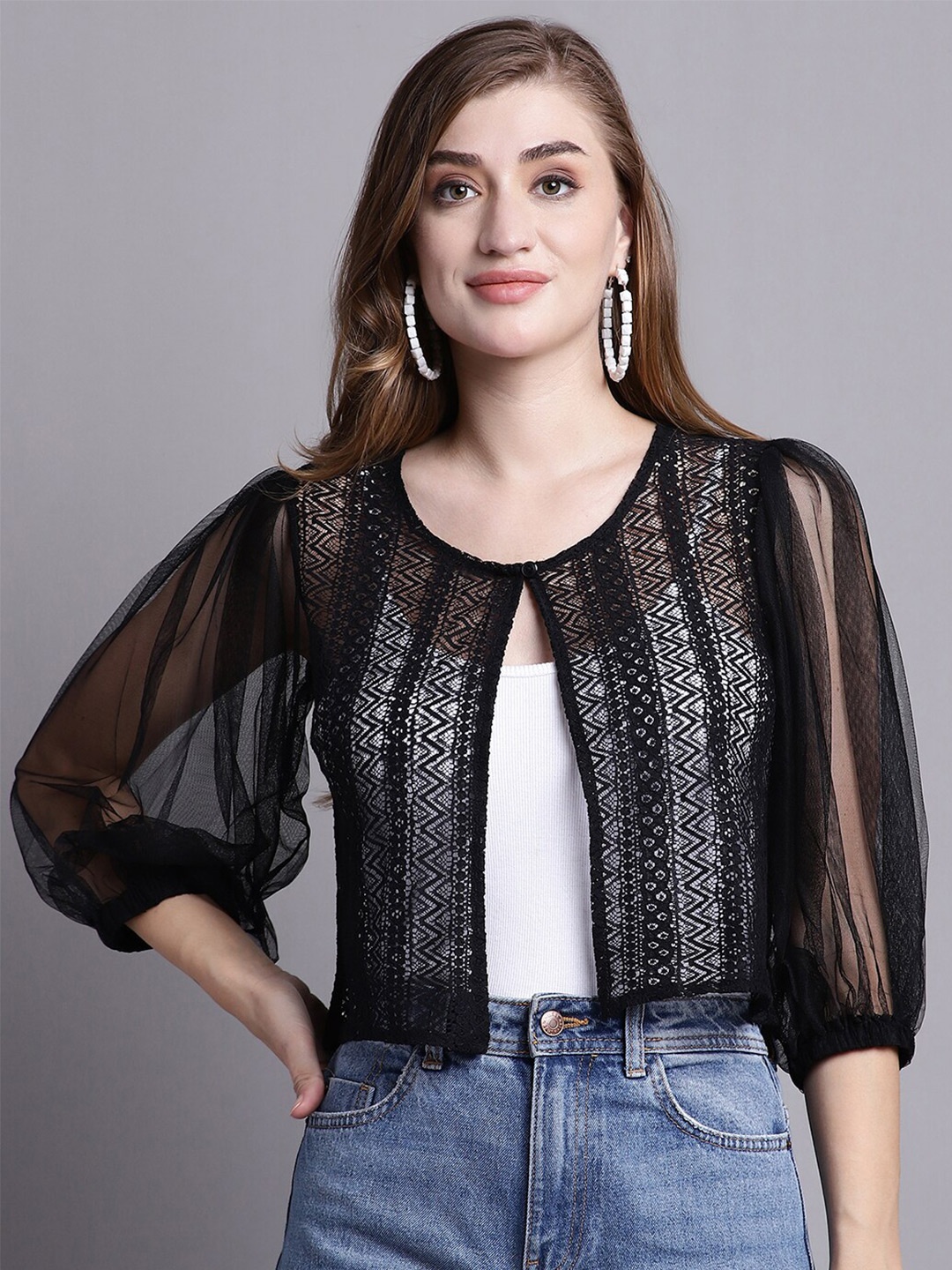 

Rute Self Design Crop Cotton Open Front Shrug, Black