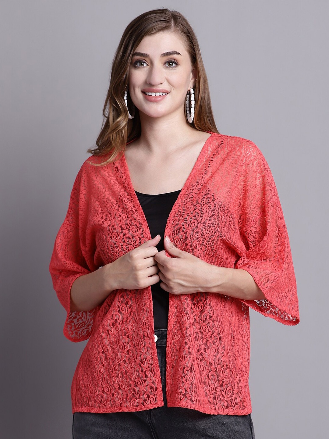 

Rute Ethnic Semi Sheer Button Shrug, Red