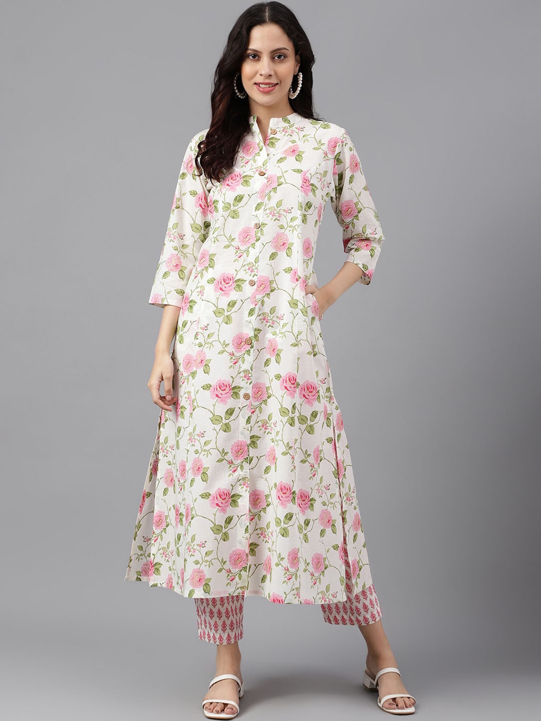 

KALINI Mandarin Collar Floral Printed Panelled A-Line Pure Cotton Work Kurta, White