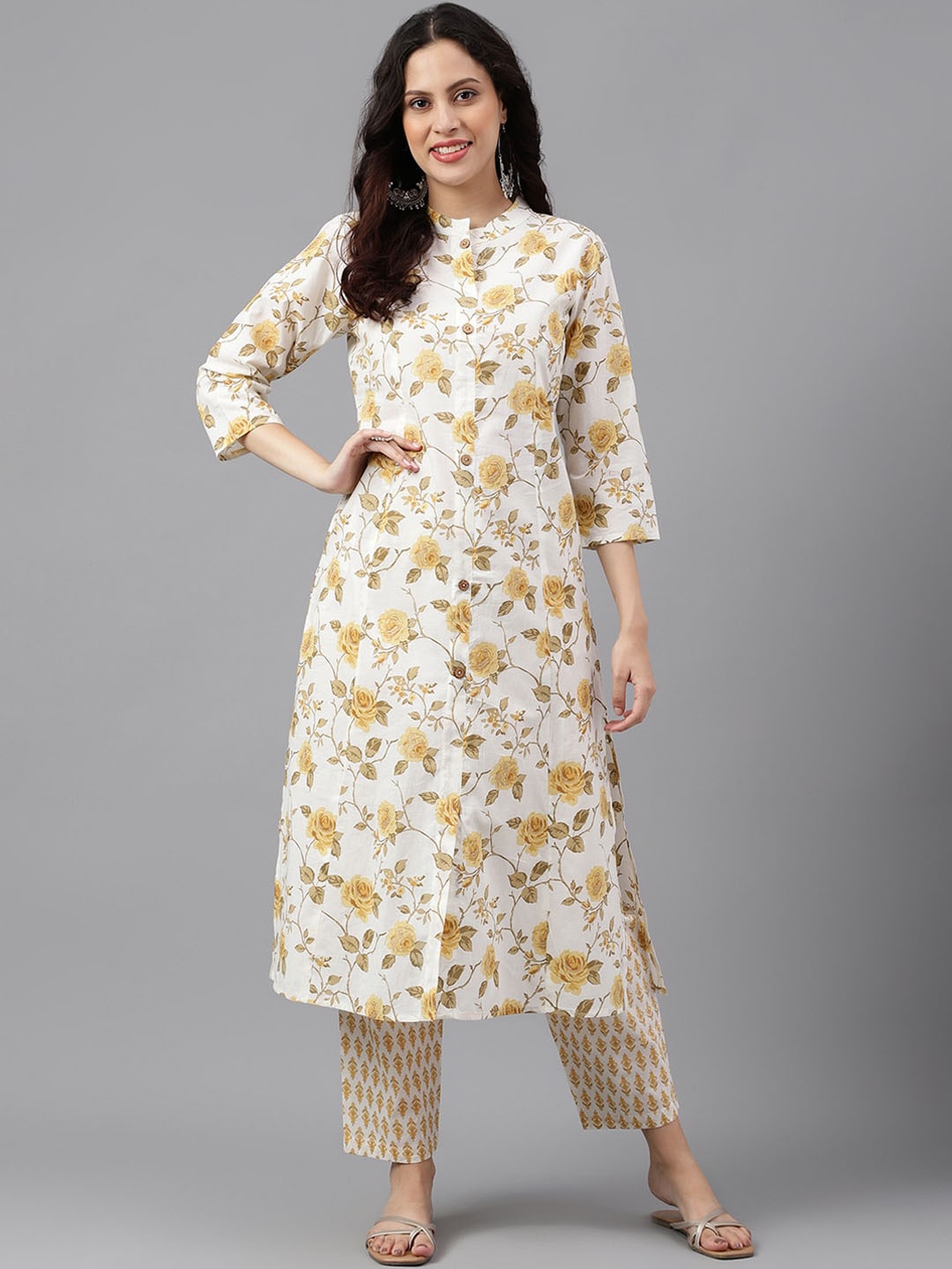

KALINI Mandarin Collar Floral Printed Panelled A-Line Pure Cotton Work Kurta, White