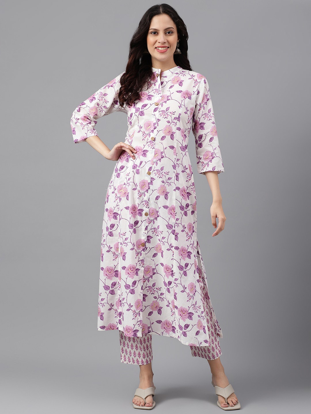 

KALINI Mandarin Collar Floral Printed Panelled A-Line Pure Cotton Work Kurta, Purple