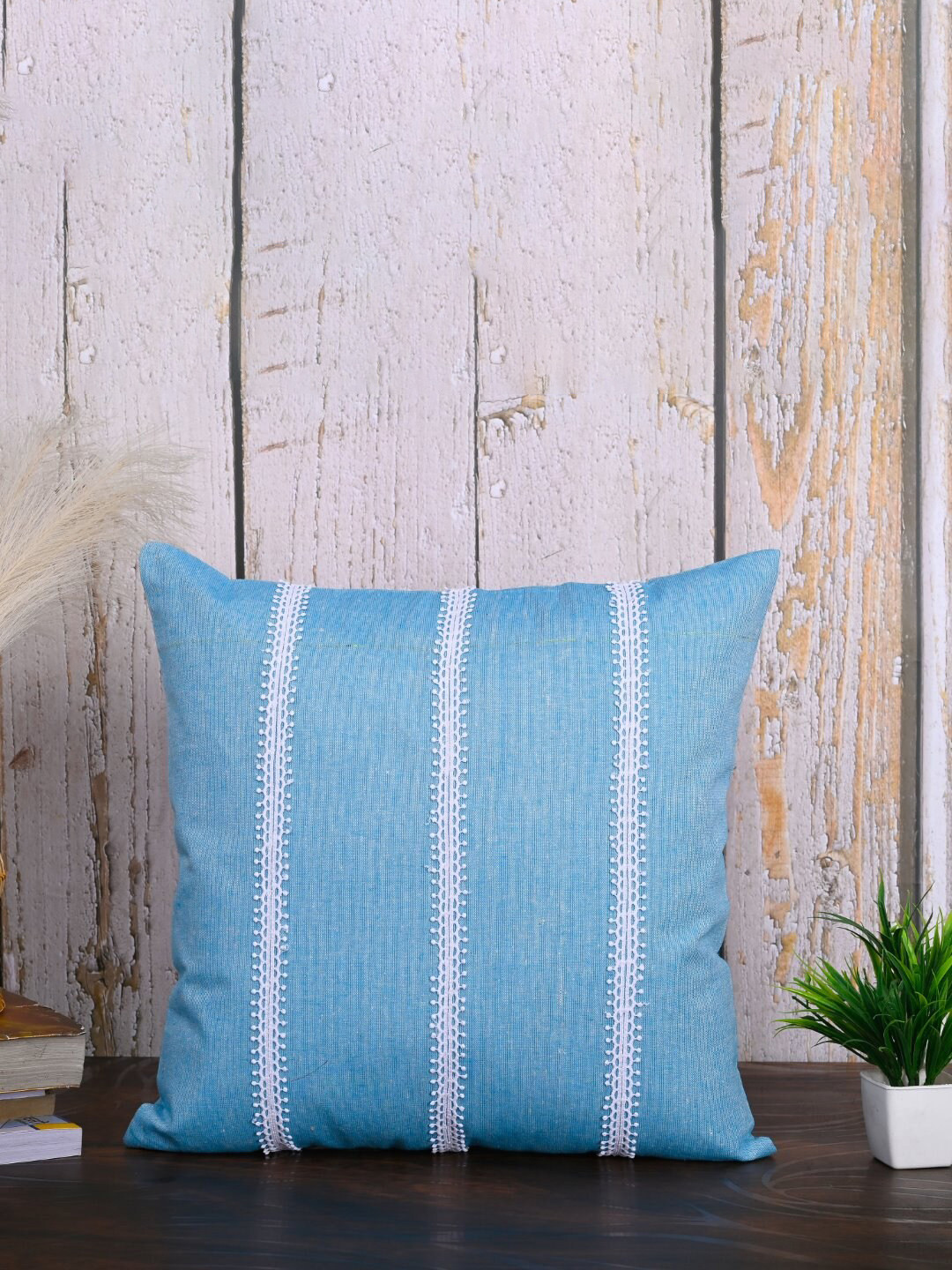 

OUSSUM Blue & White 2 Pieces Striped Cotton Square Cushion Covers