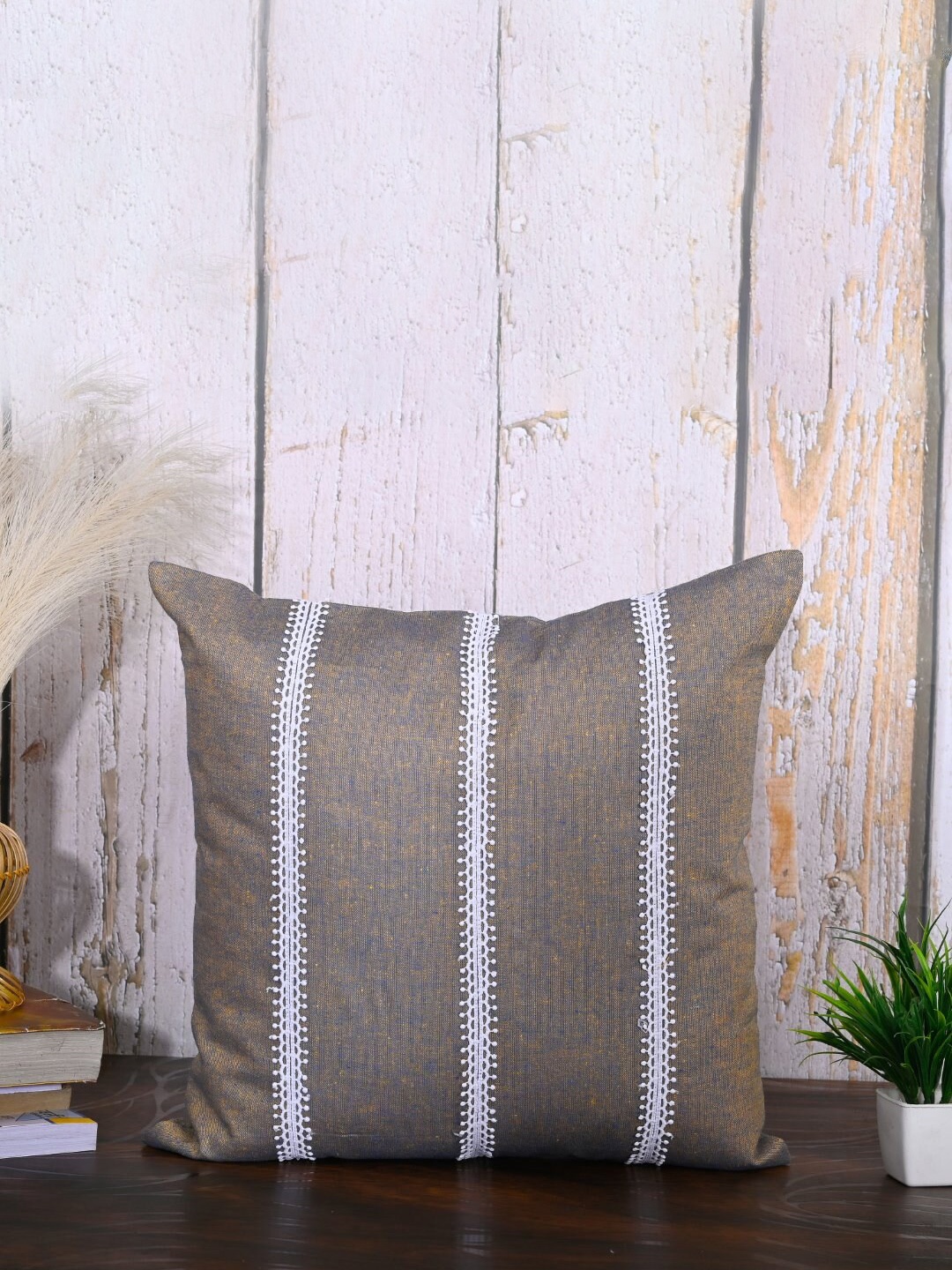 

OUSSUM Brown & White 2 Pieces Striped Cotton Square Cushion Covers