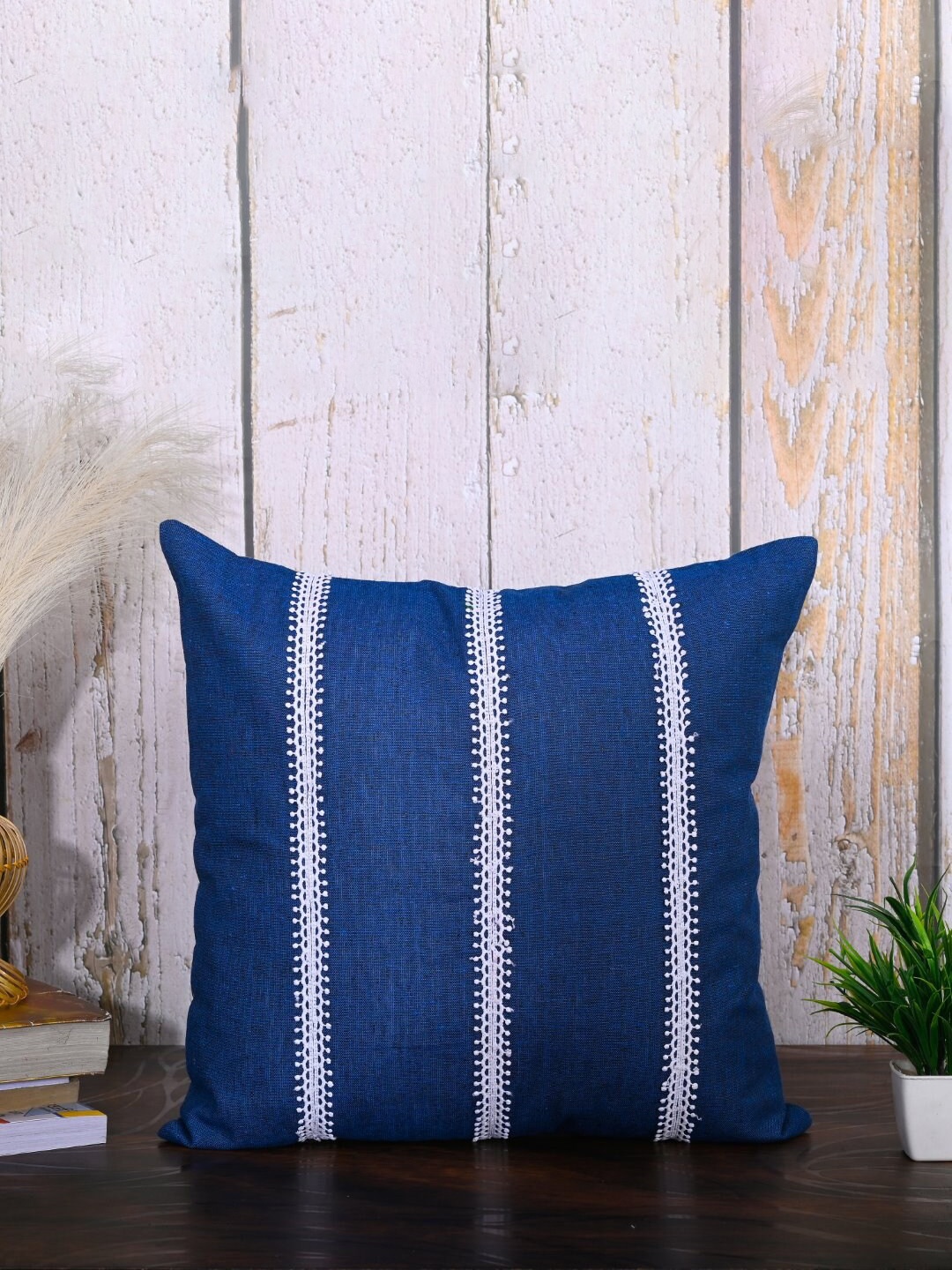 

OUSSUM Blue & White 2 Pieces Striped Cotton Square Cushion Covers