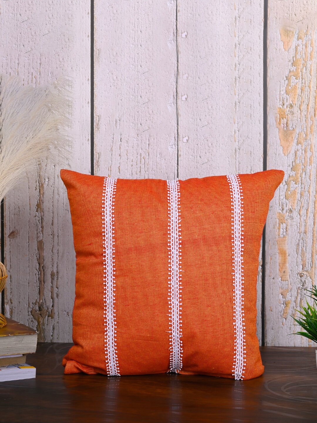 

OUSSUM Orange & White 2 Pieces Striped Square Cushion Covers