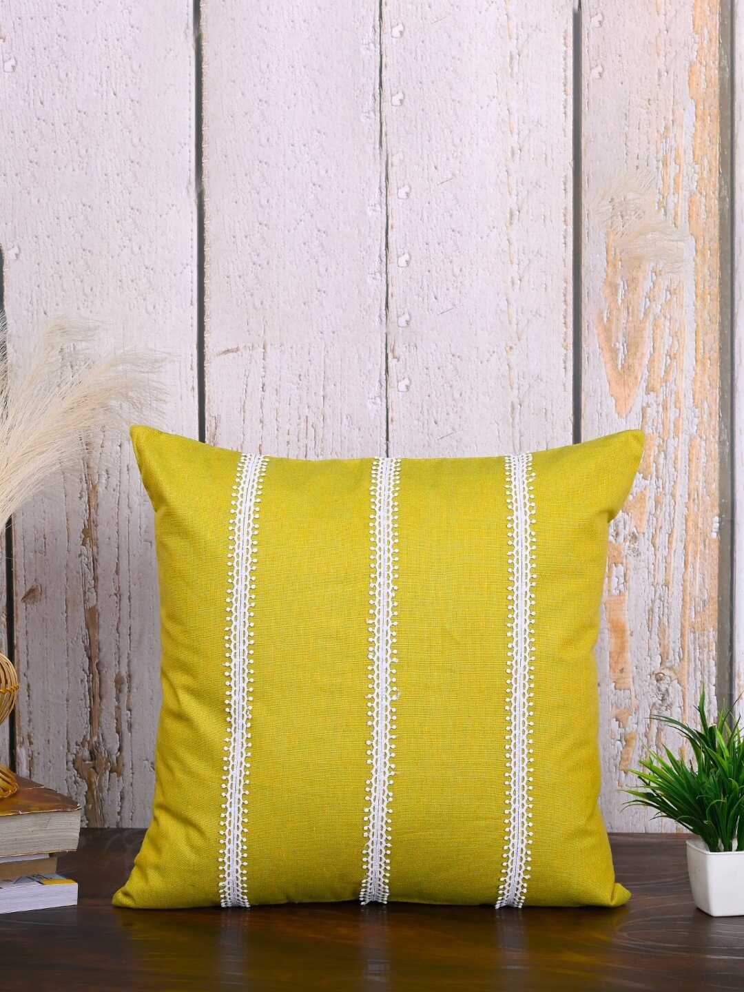 

OUSSUM Yellow & White 2-Pieces Striped Cotton Square Cushion Covers